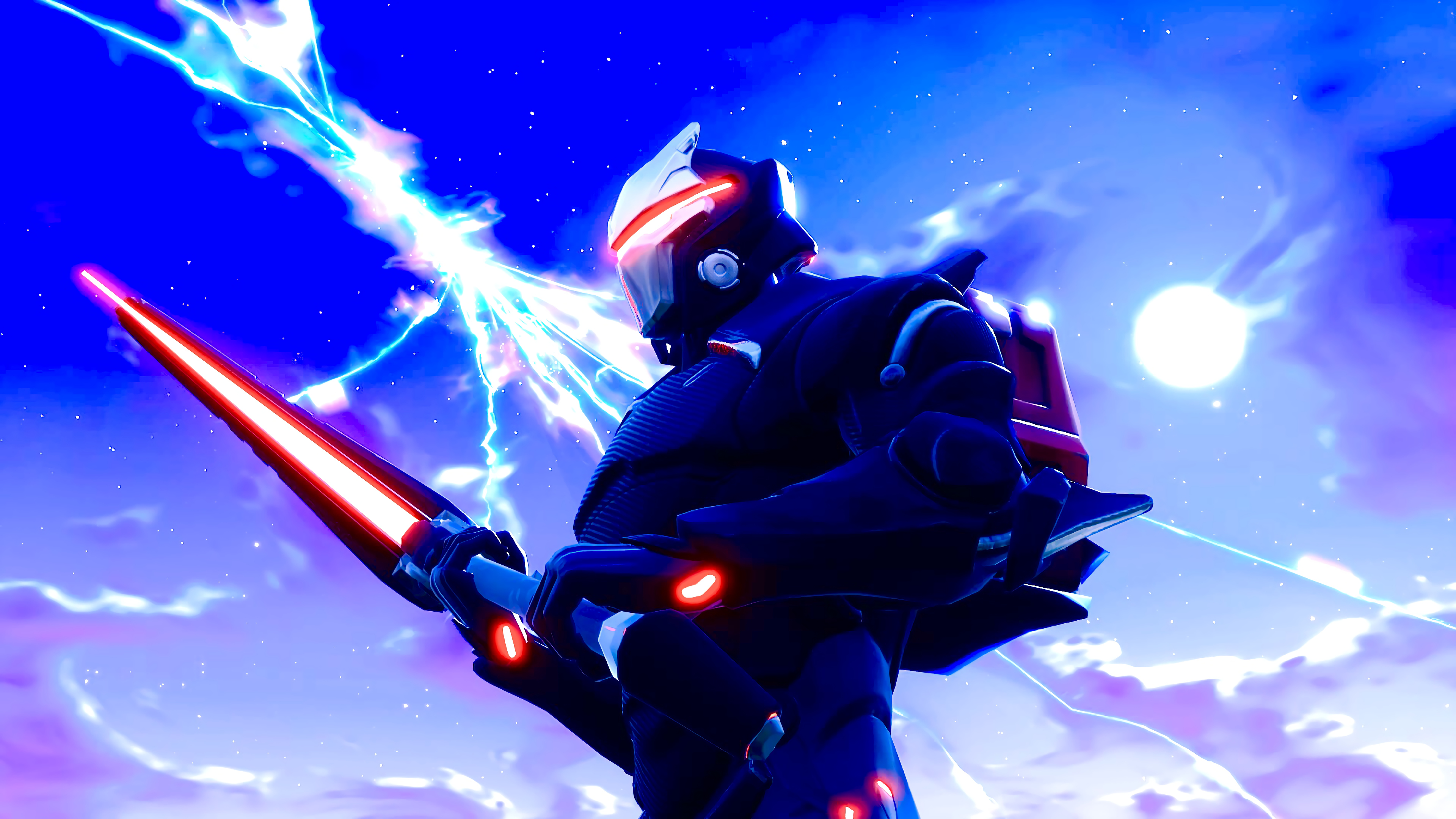 Fortnite Omega with a glowing sword and lightning HD Wallpaper