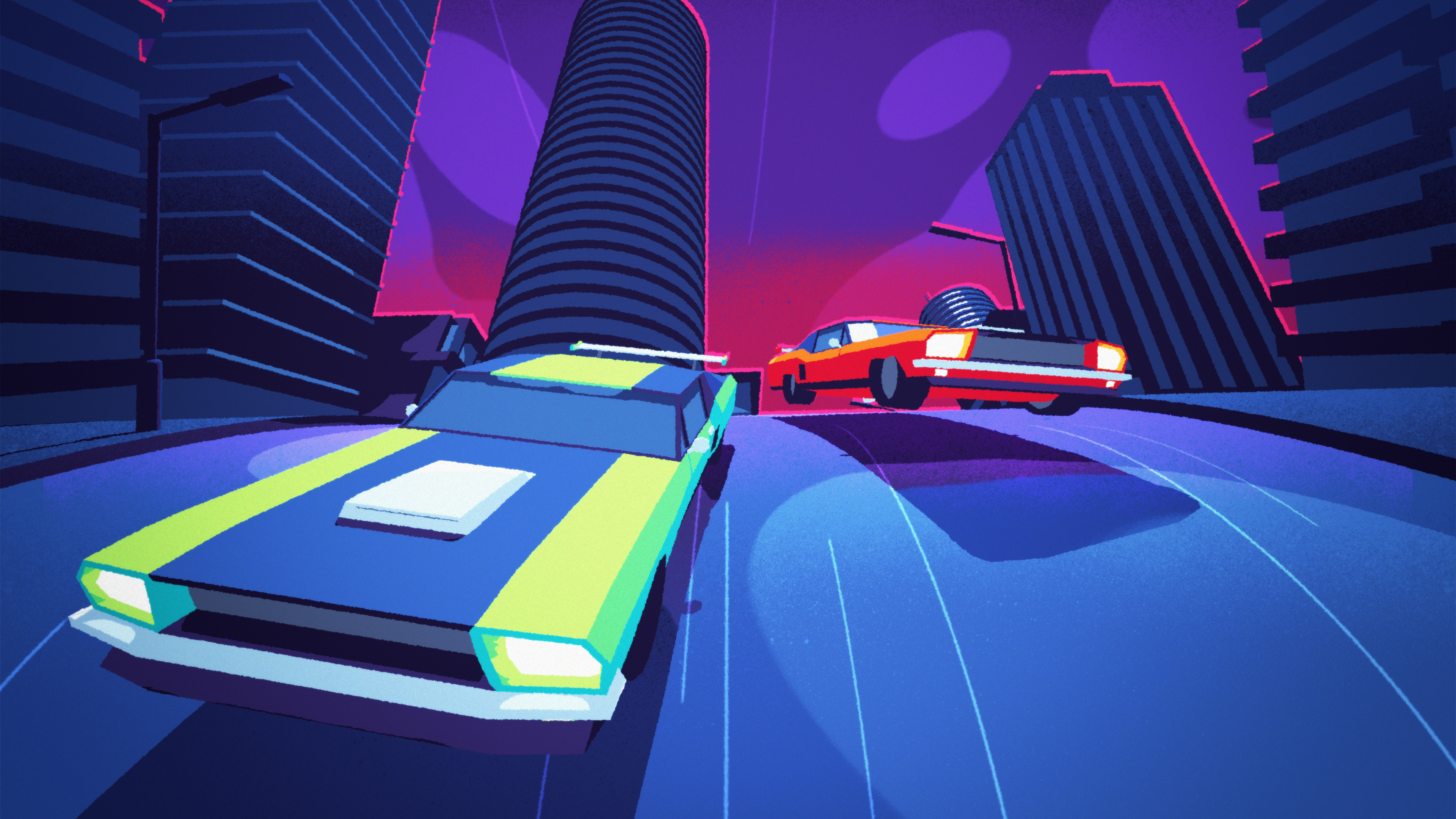 Digital art of cars racing in a futuristic city HD Wallpaper