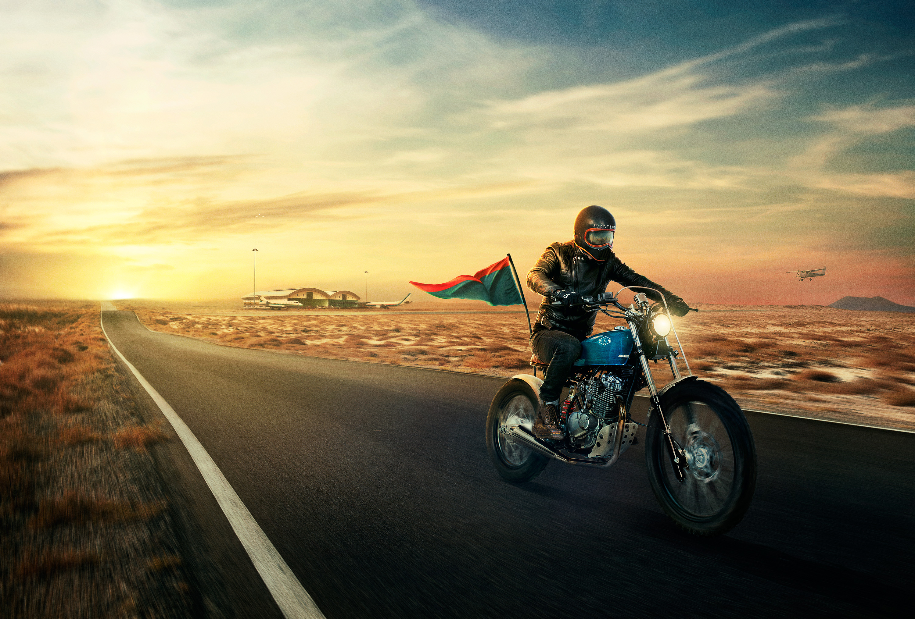 Man riding a motorcycle with a flag HD Wallpaper