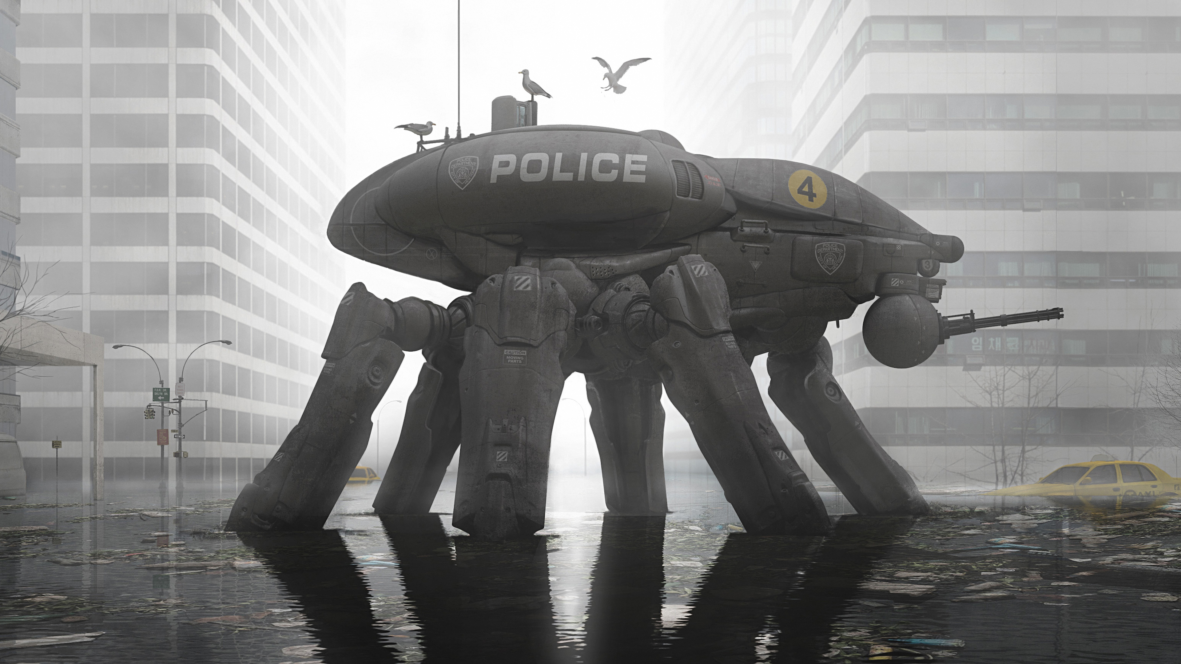 Futuristic Police Walker Mech in Urban Flood 4K HD Wallpaper