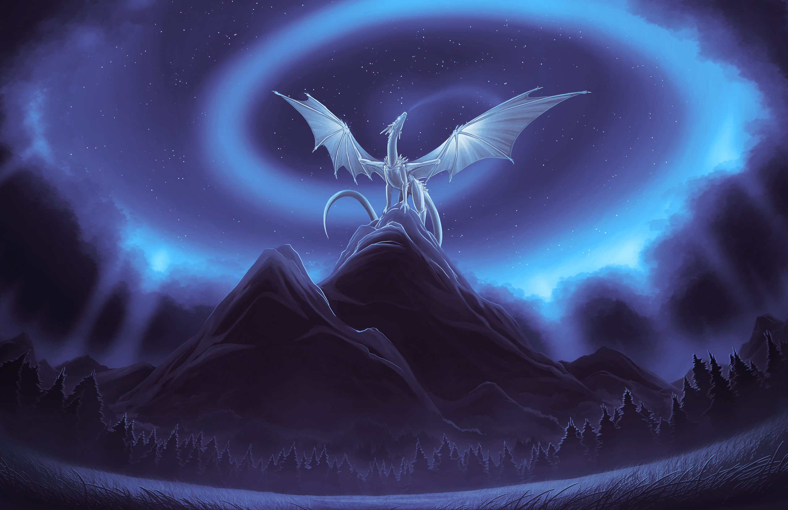 White dragon on a mountain under a starry sky HD Wallpaper