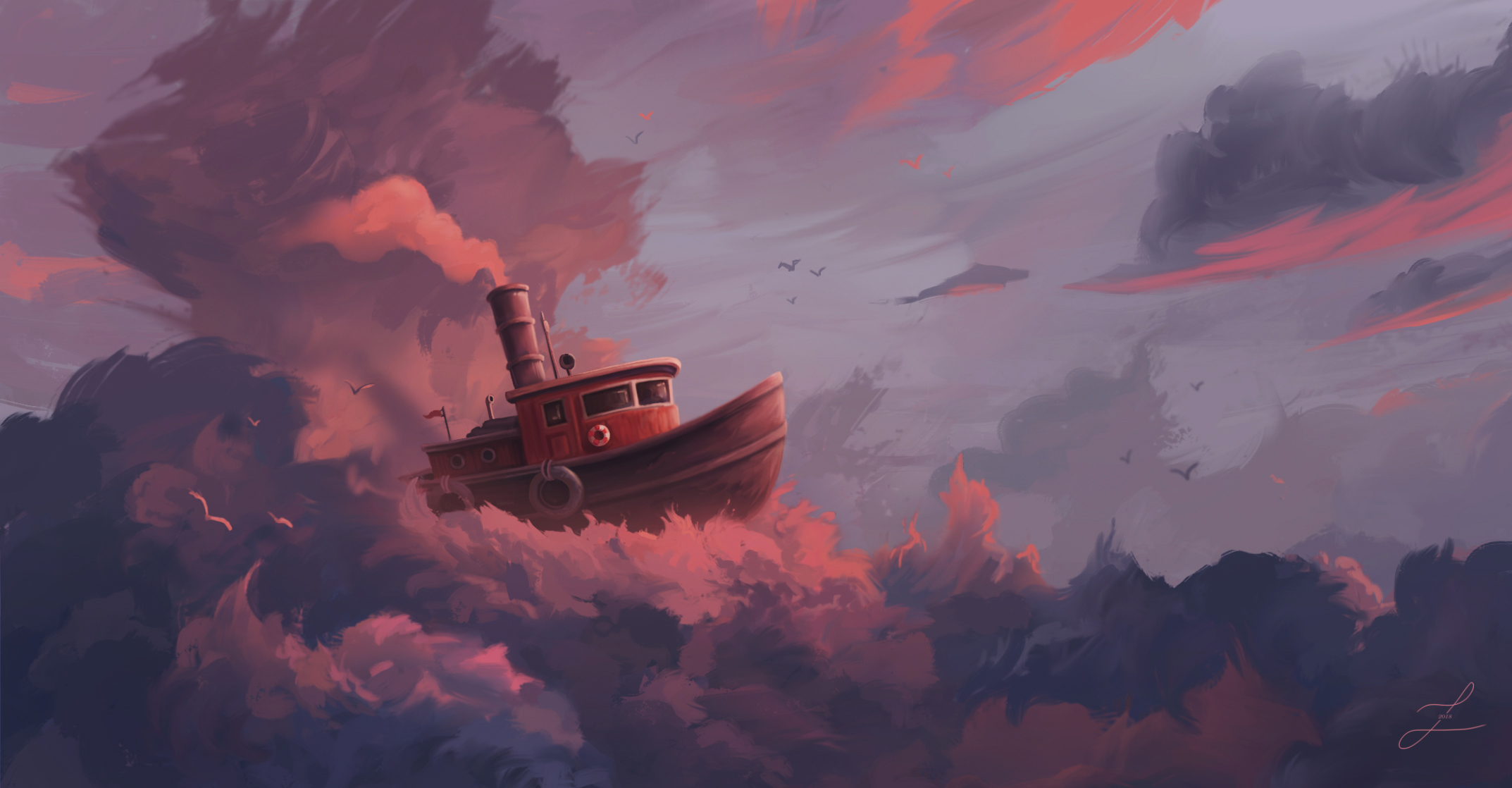 Steampunk boat sailing through colorful clouds HD Wallpaper