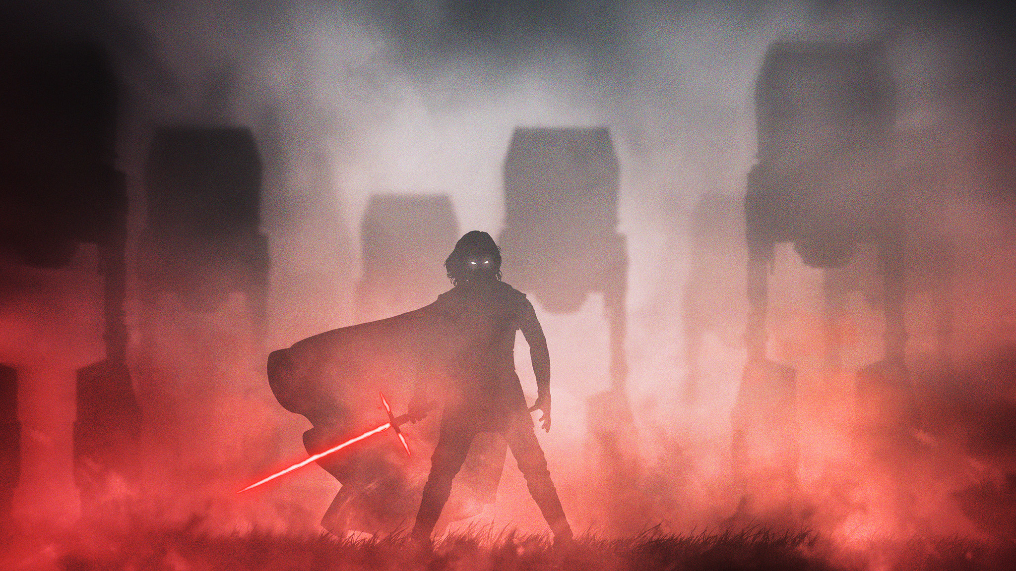 Kylo Ren with red lightsaber and AT-ST walkers HD Wallpaper