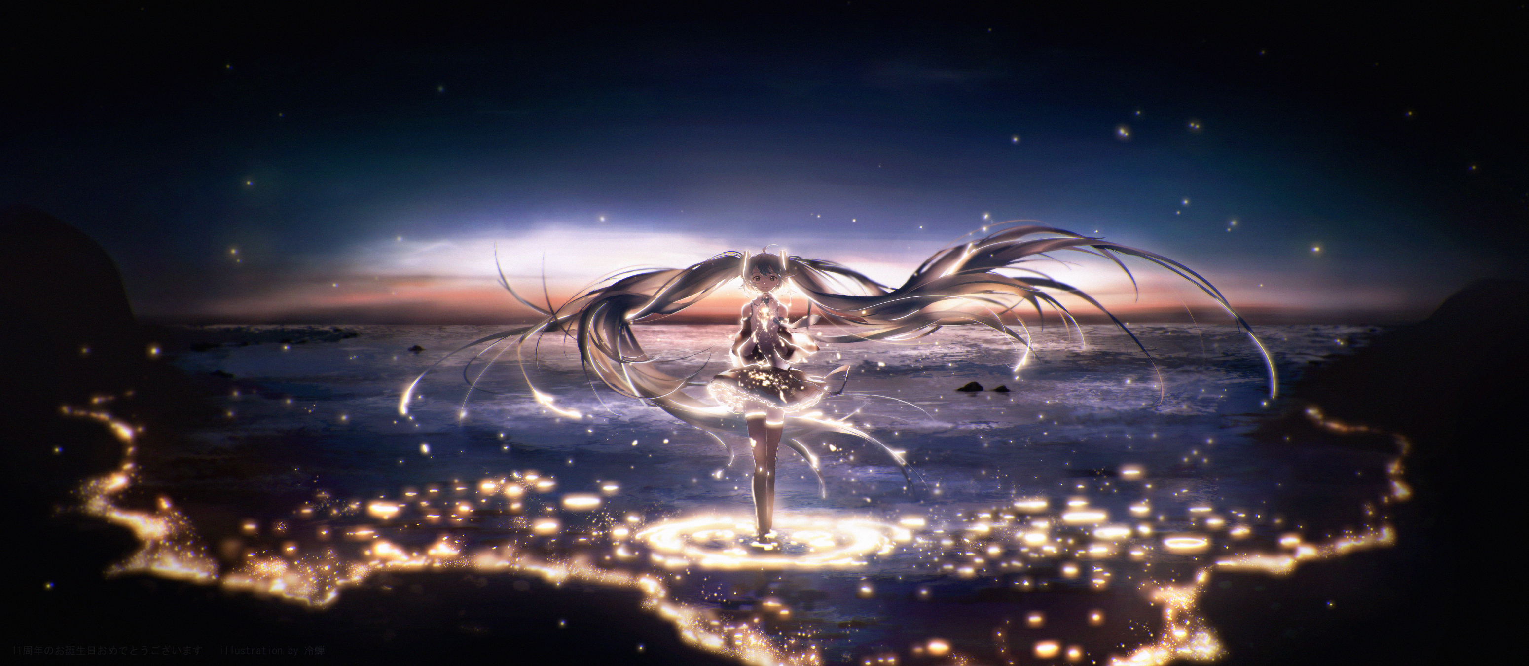 Hatsune Miku standing on a glowing circle by the sea at sunset HD Wallpaper
