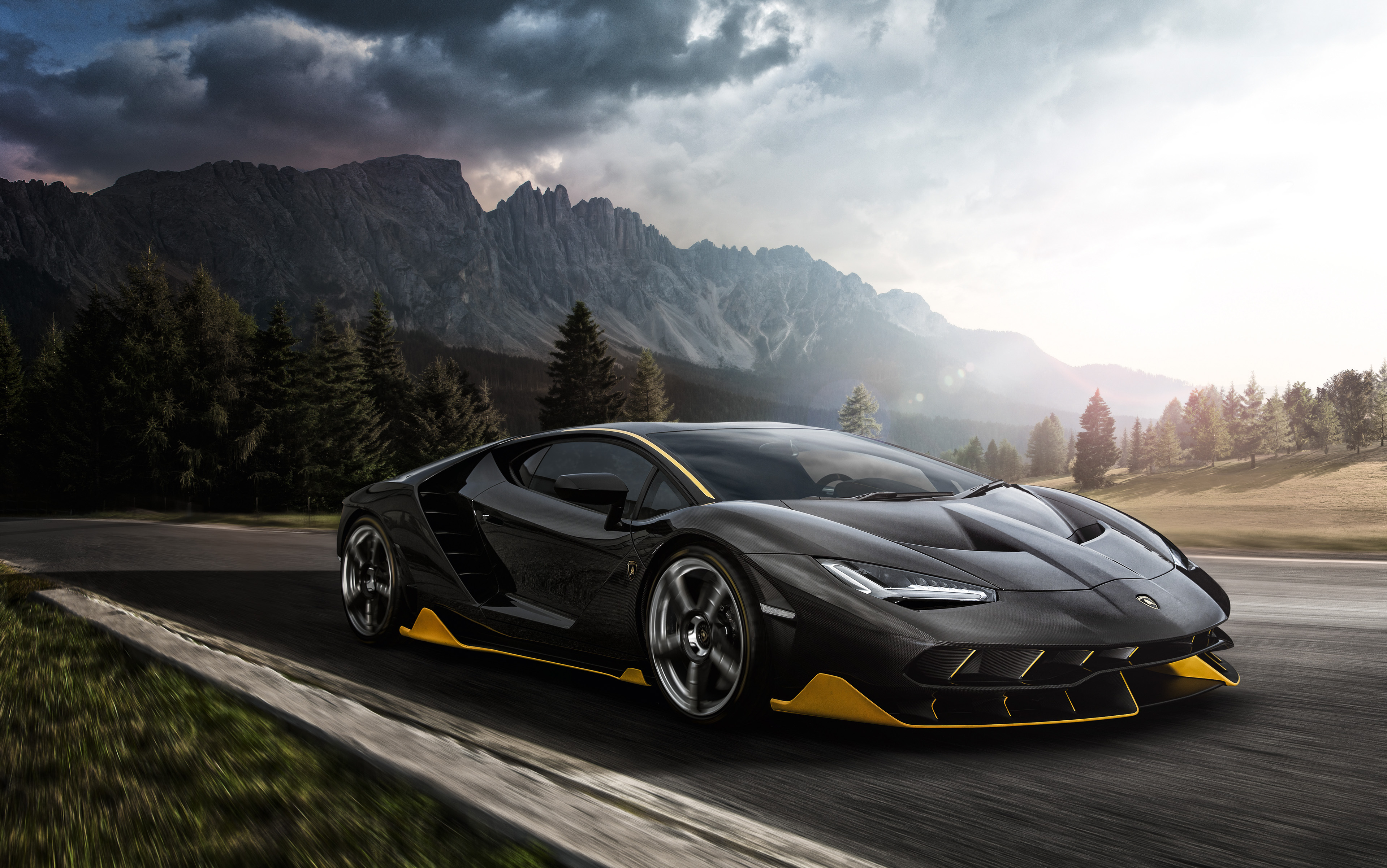 Black Lamborghini Aventador with Yellow Accents on Mountain Road HD Wallpaper