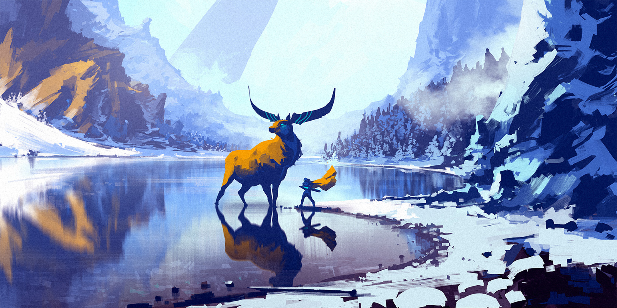 A person and a large deer by a frozen lake HD Wallpaper