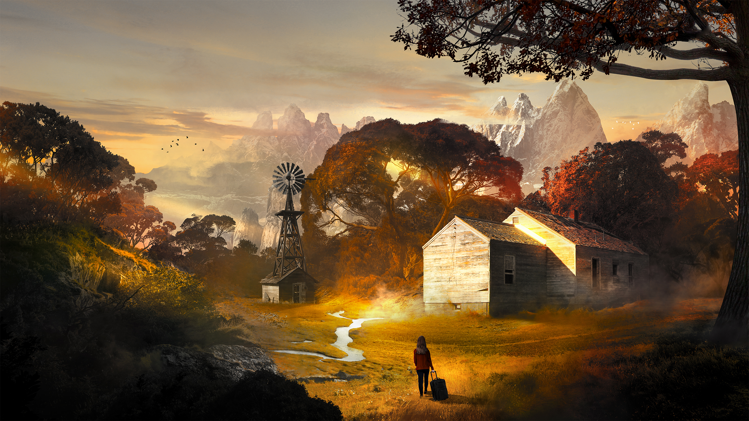 Digital Art of a Rural Landscape with a Girl and a Suitcase HD Wallpaper