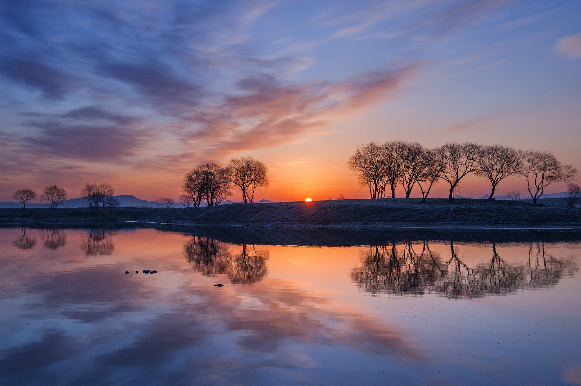 Sunrise over a calm lake with trees and reflections HD Wallpaper