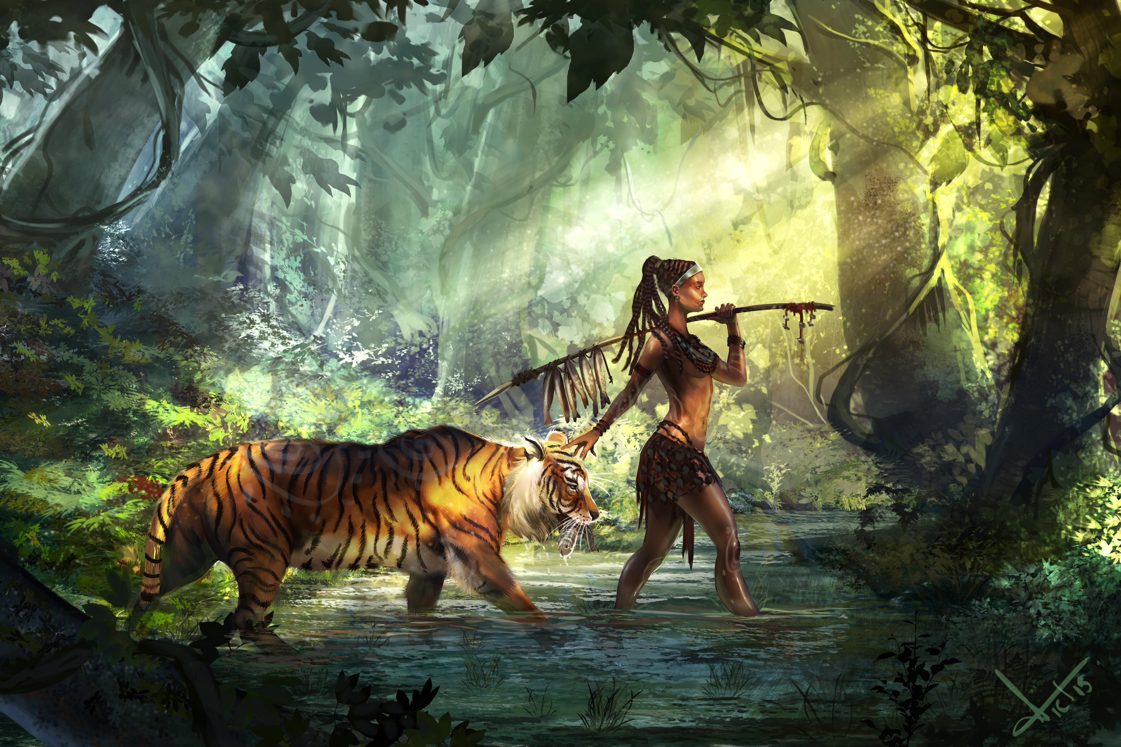 Digital art of a woman and tiger in a forest HD Wallpaper