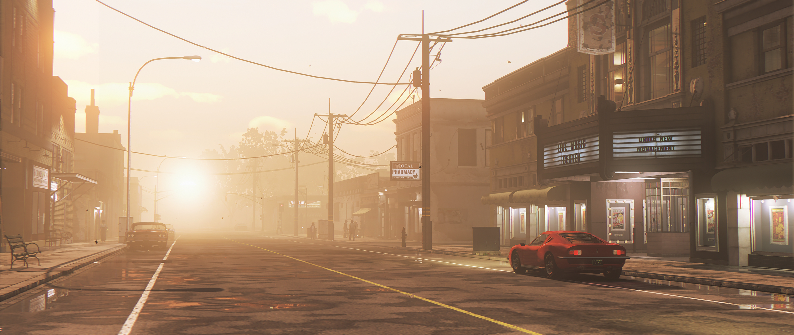 Mafia III street scene at sunset with red car HD Wallpaper