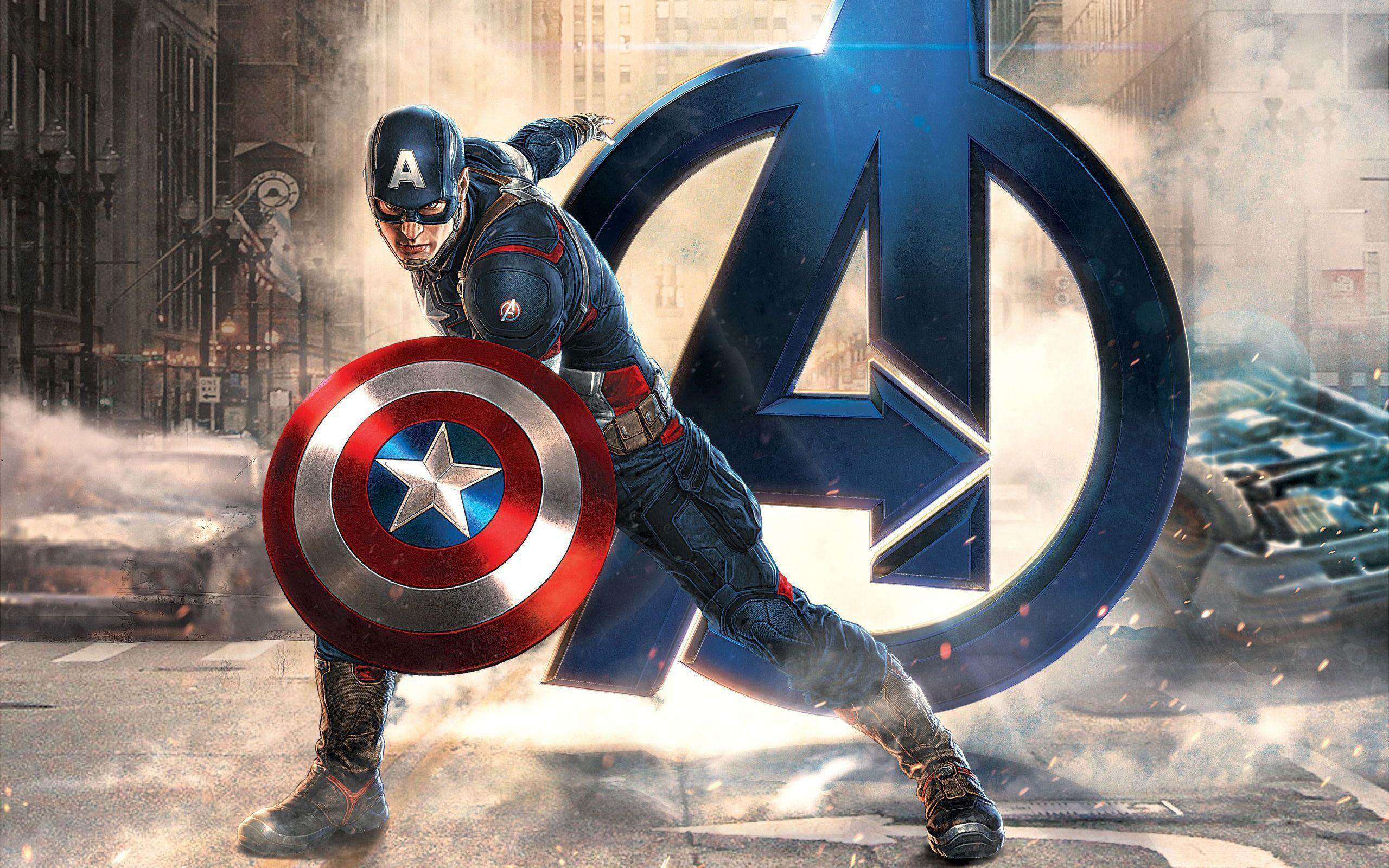 Captain America in front of the Avengers logo HD Wallpaper