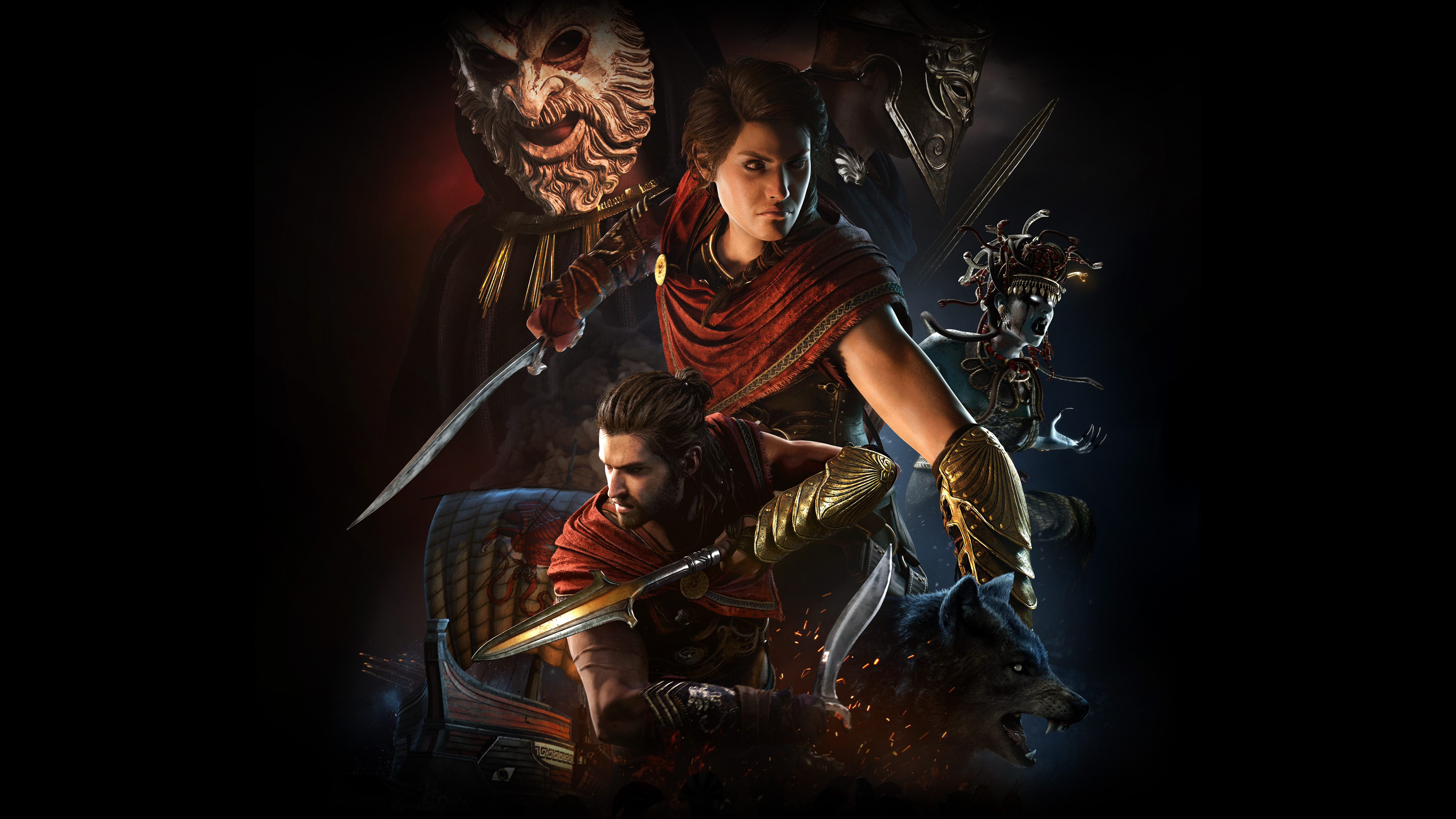 Assassin's Creed Odyssey characters with wolf and mythological figures HD Wallpaper