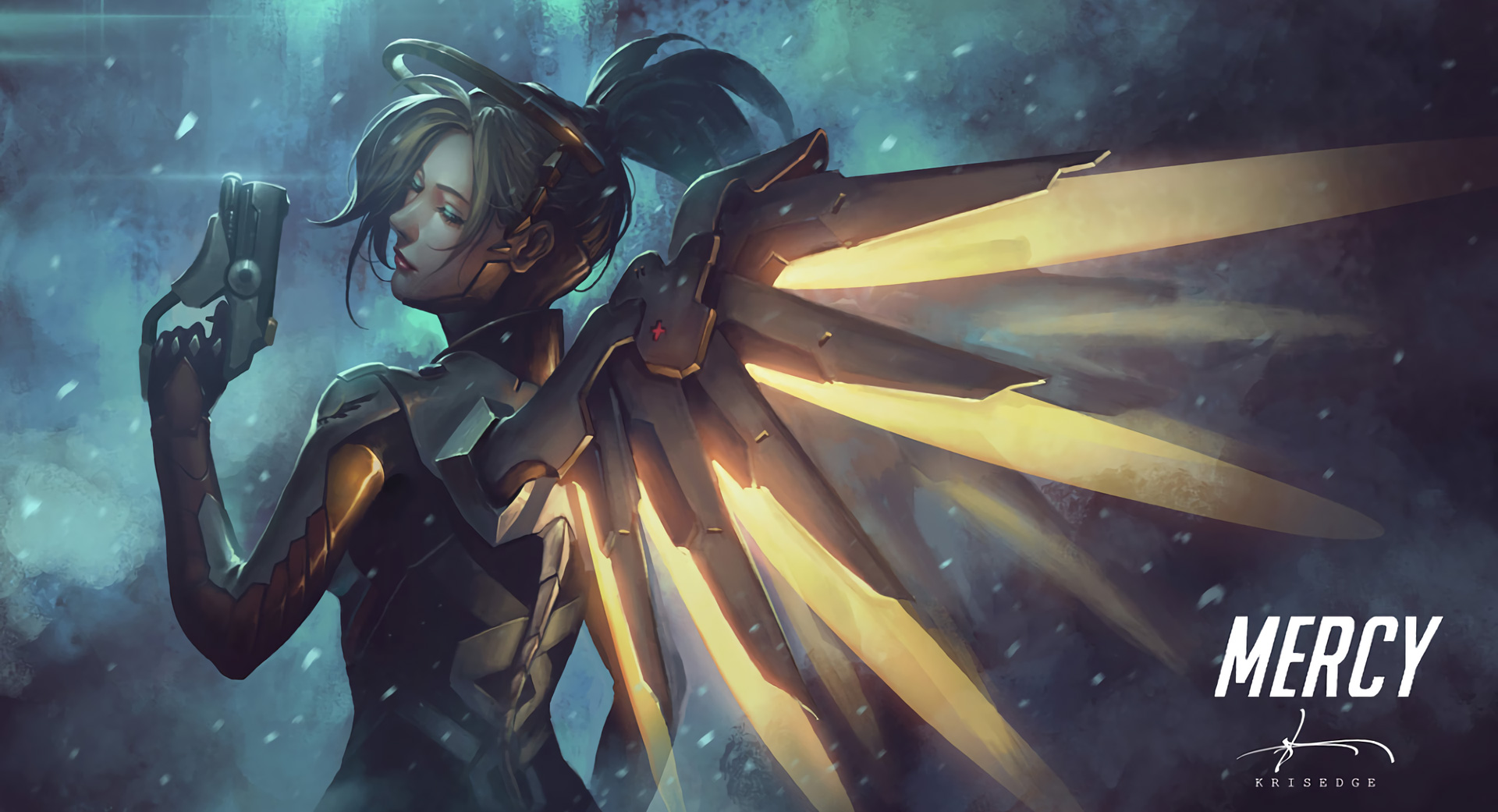Mercy from Overwatch with glowing wings HD Wallpaper