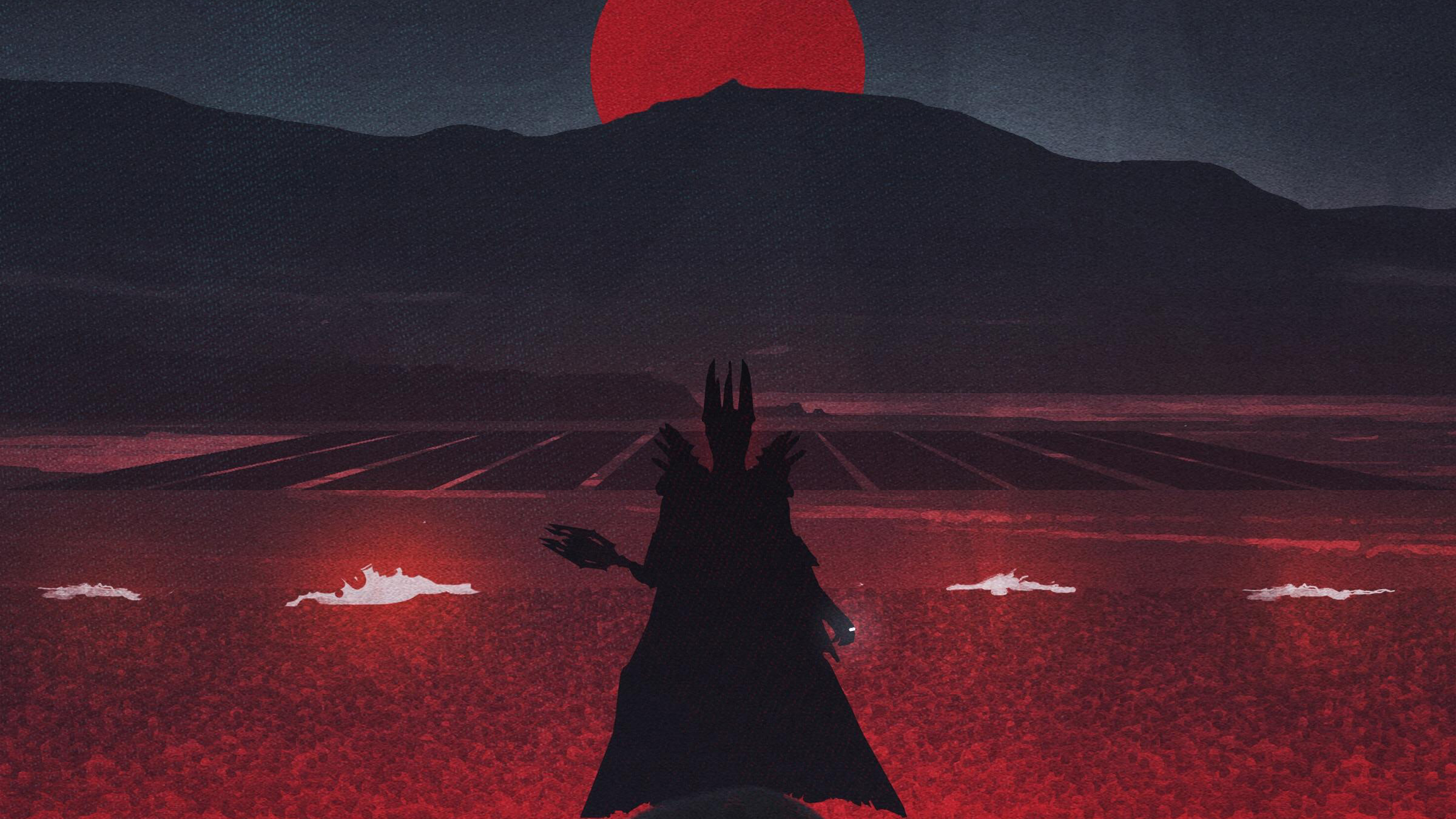 Sauron standing in a desolate landscape under a red sun HD Wallpaper