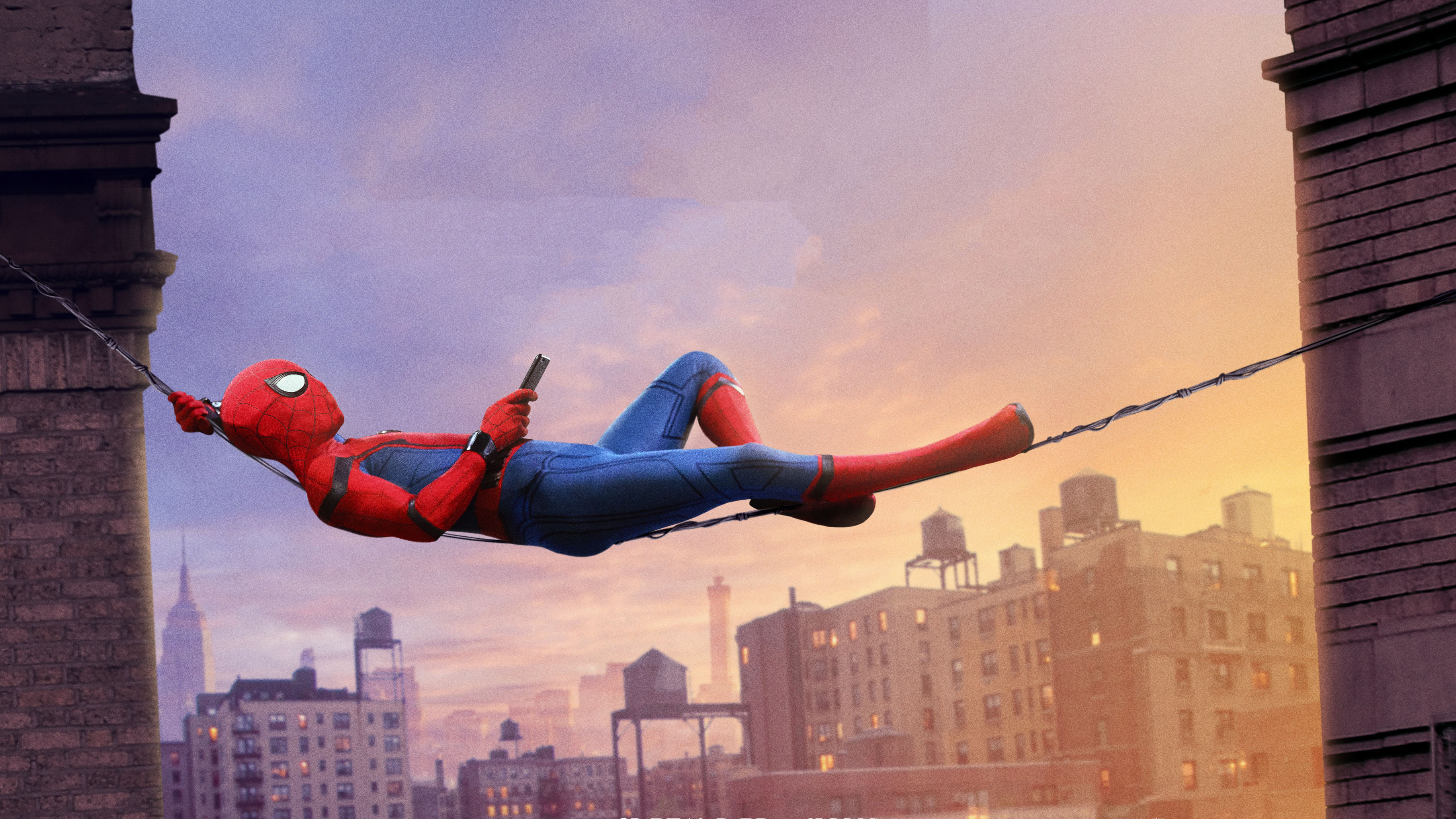 Spiderman relaxing on a web in the city HD Wallpaper