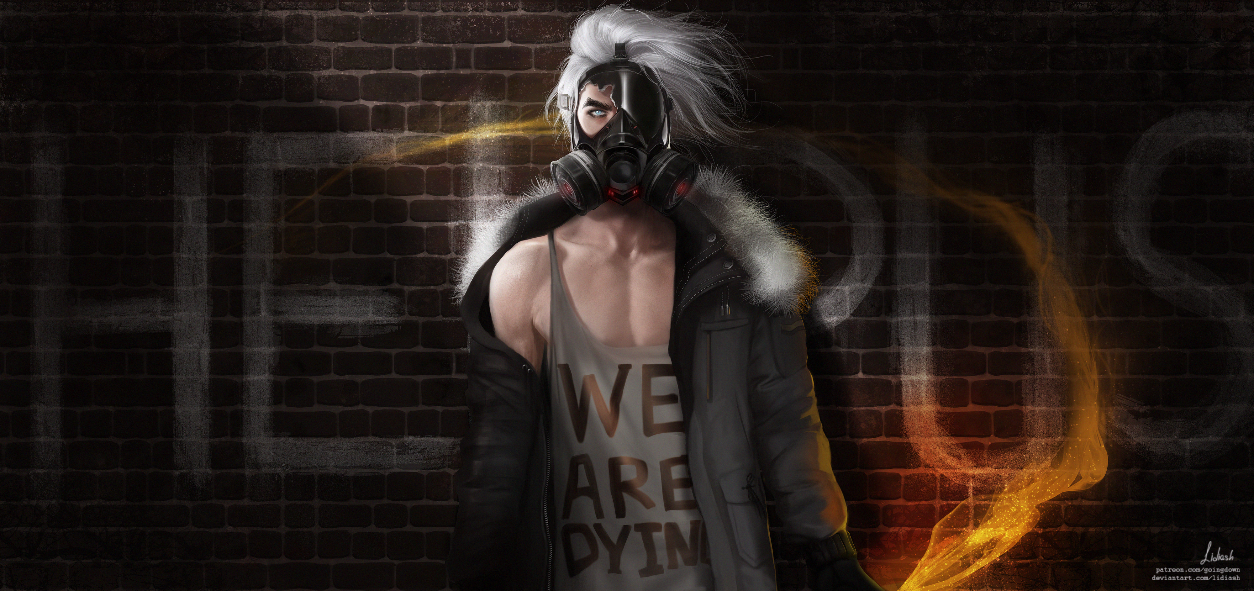 Anime boy with gas mask and fire HD Wallpaper