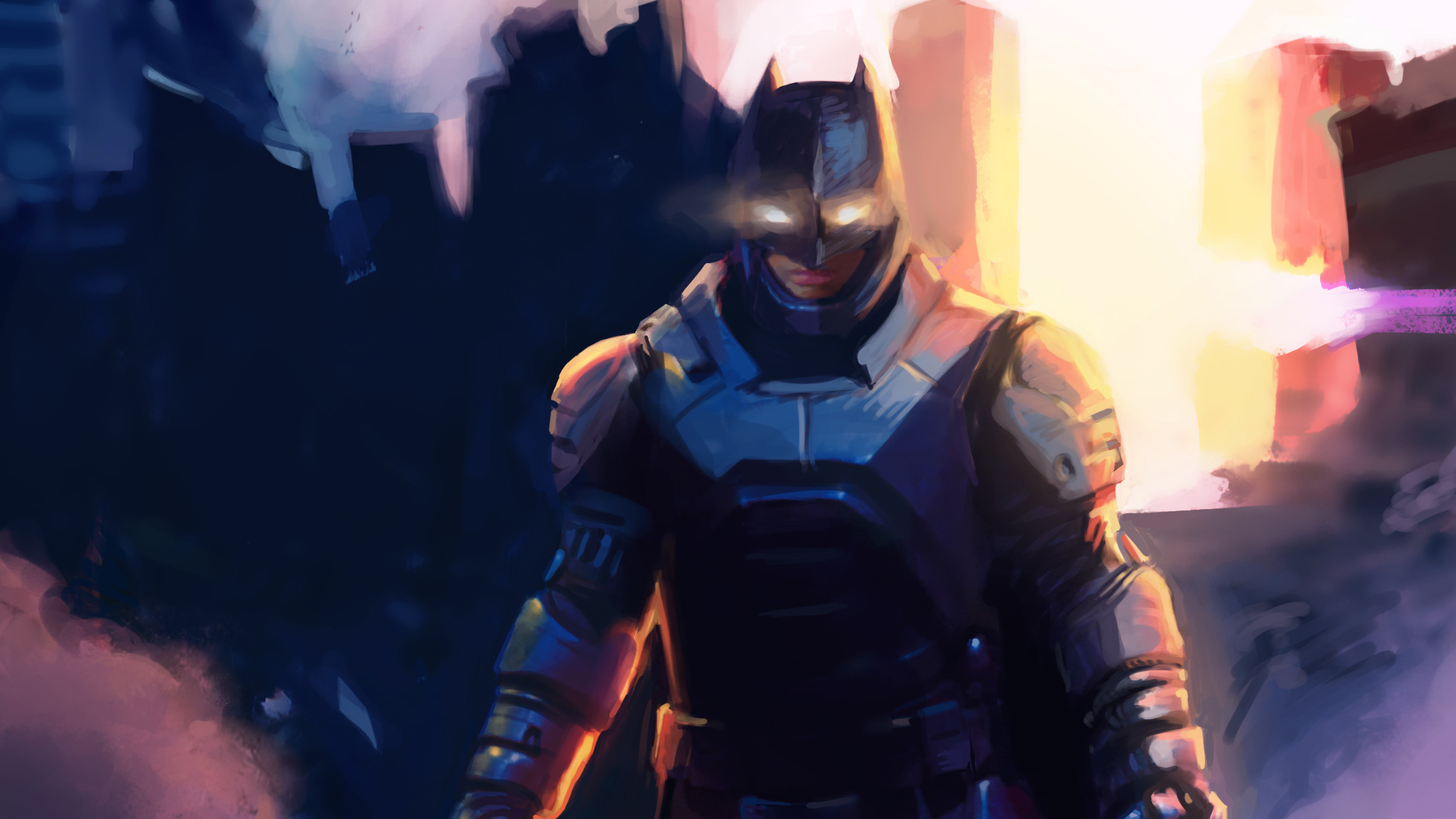 Batman in armored suit with glowing eyes HD Wallpaper