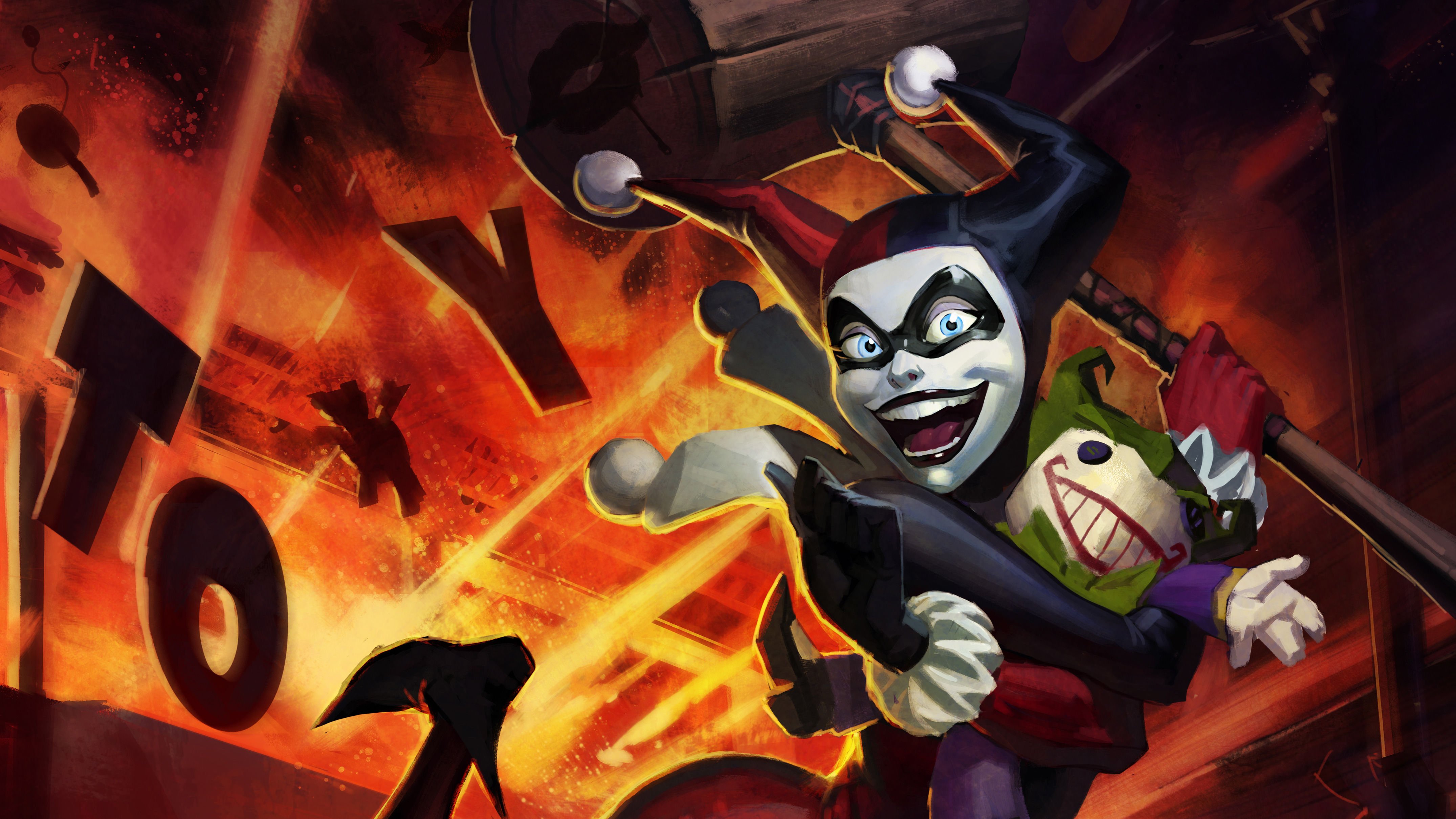 Harley Quinn holding a Joker doll with a hammer HD Wallpaper