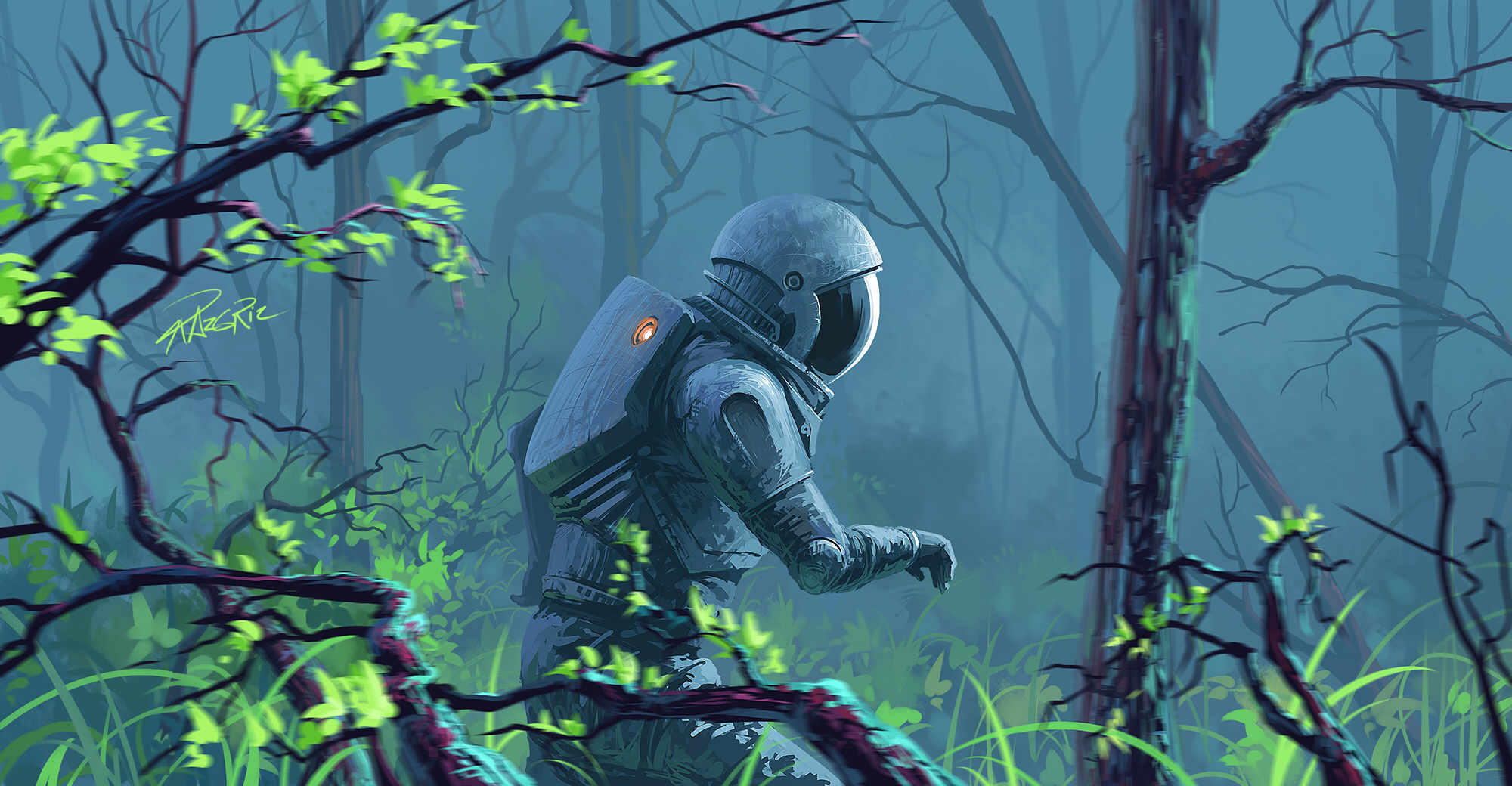 Astronaut in a misty forest, digital art HD Wallpaper