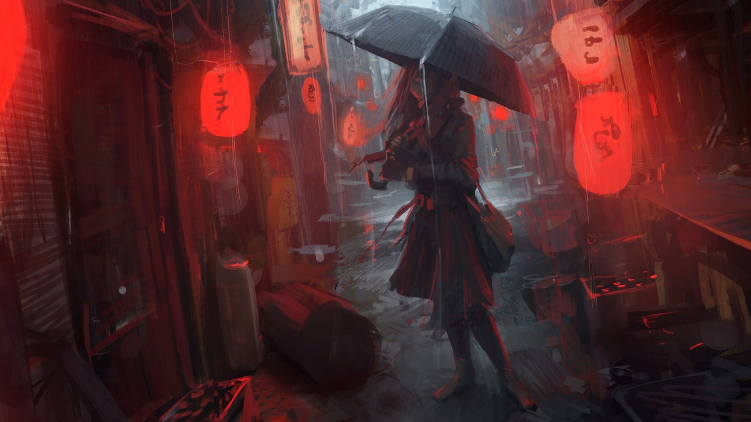 Anime girl with umbrella in rainy street with lanterns HD Wallpaper