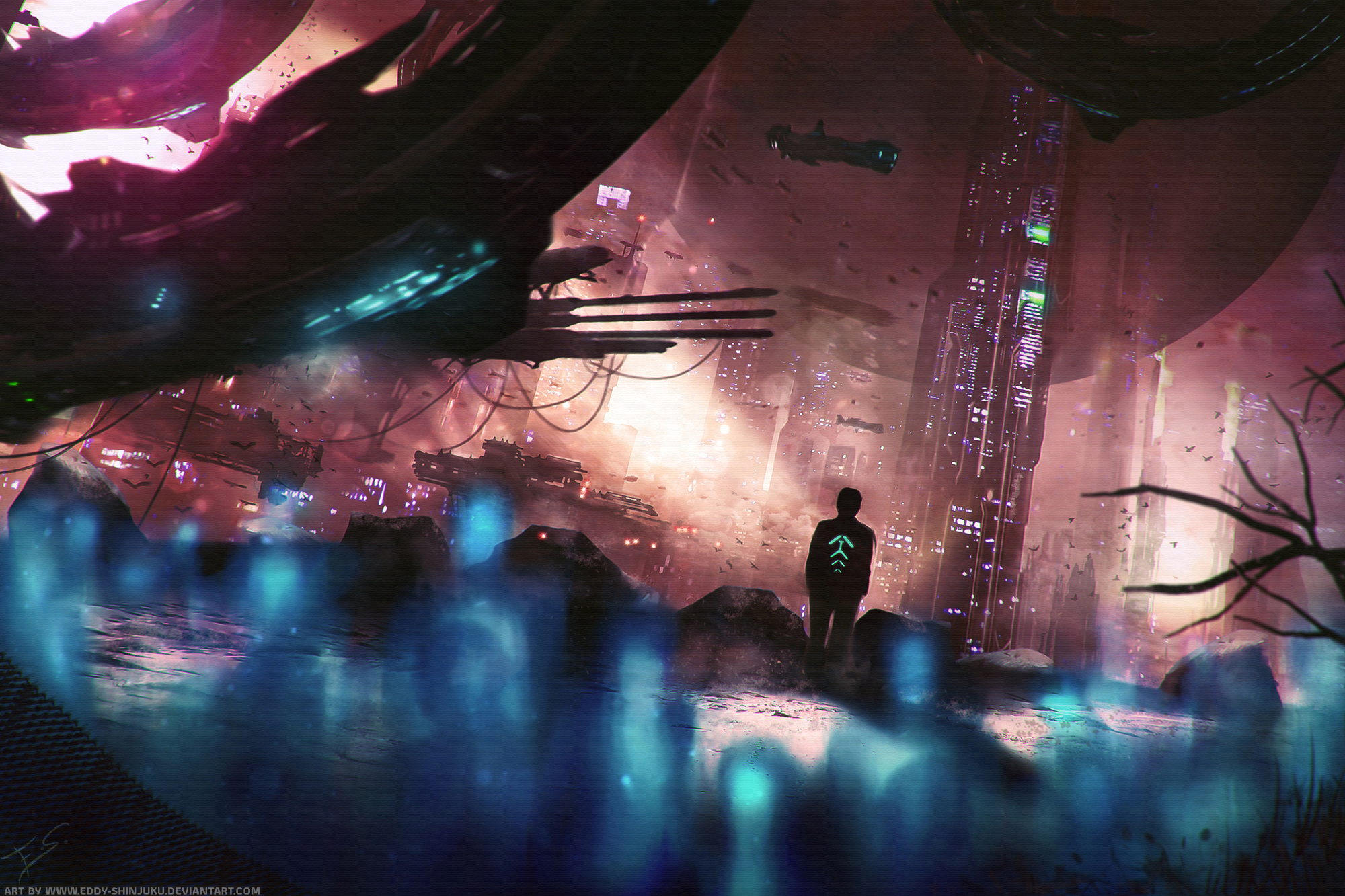 Sci-fi cityscape with a lone figure HD Wallpaper