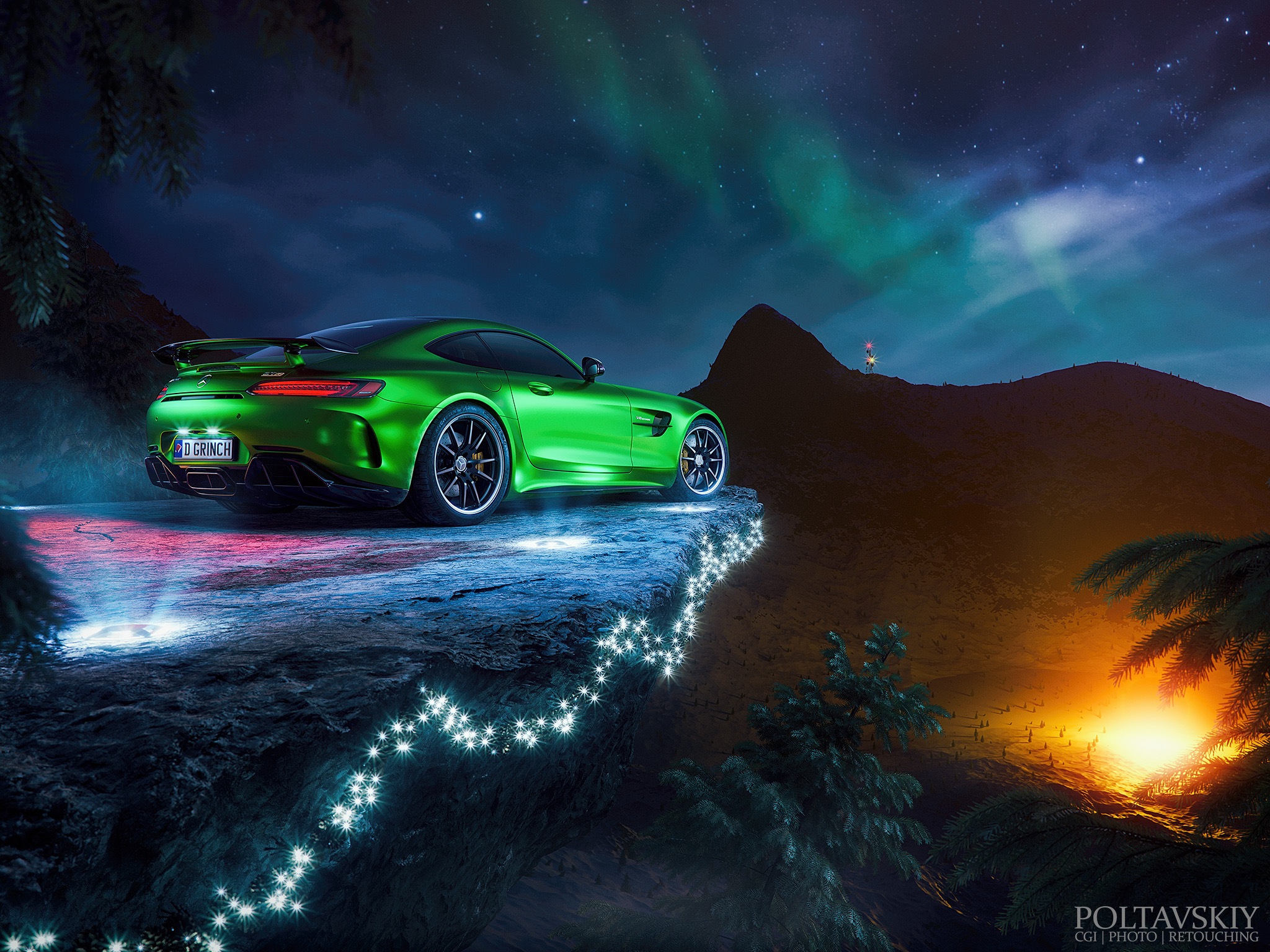 Green Mercedes-AMG GT on a cliff under aurora borealis HD Wallpaper