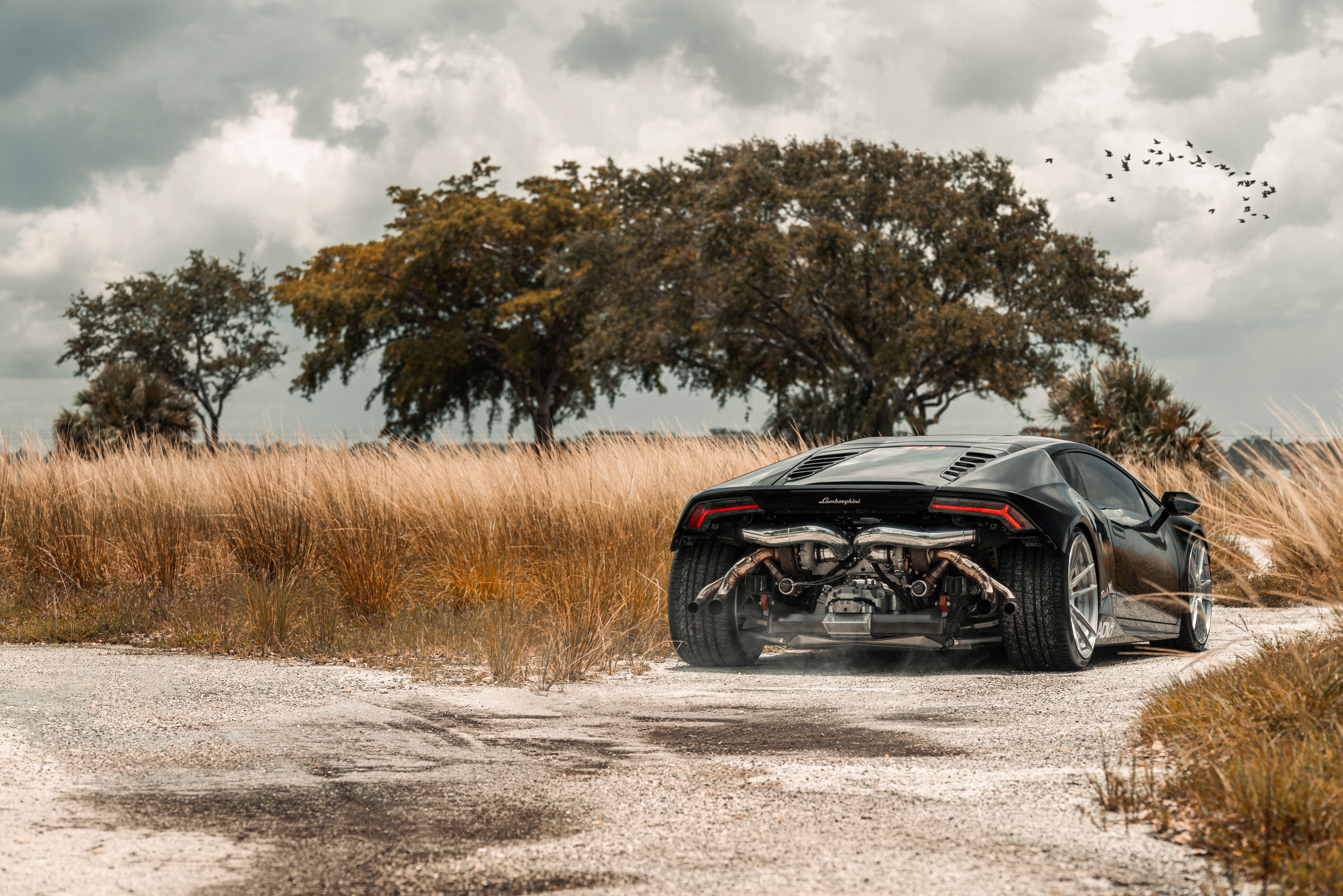 Black Lamborghini Huracan on a dirt road HD Wallpaper