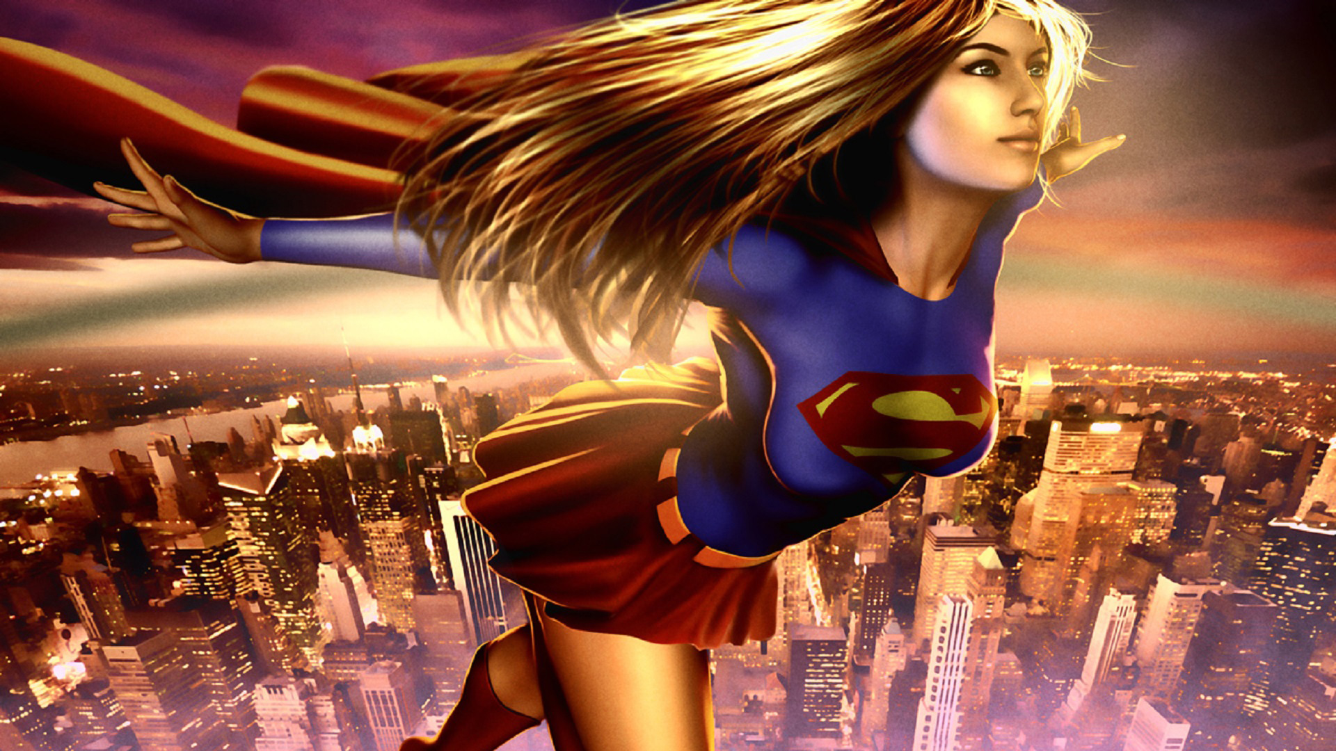 Supergirl flying over a city at sunset HD Wallpaper