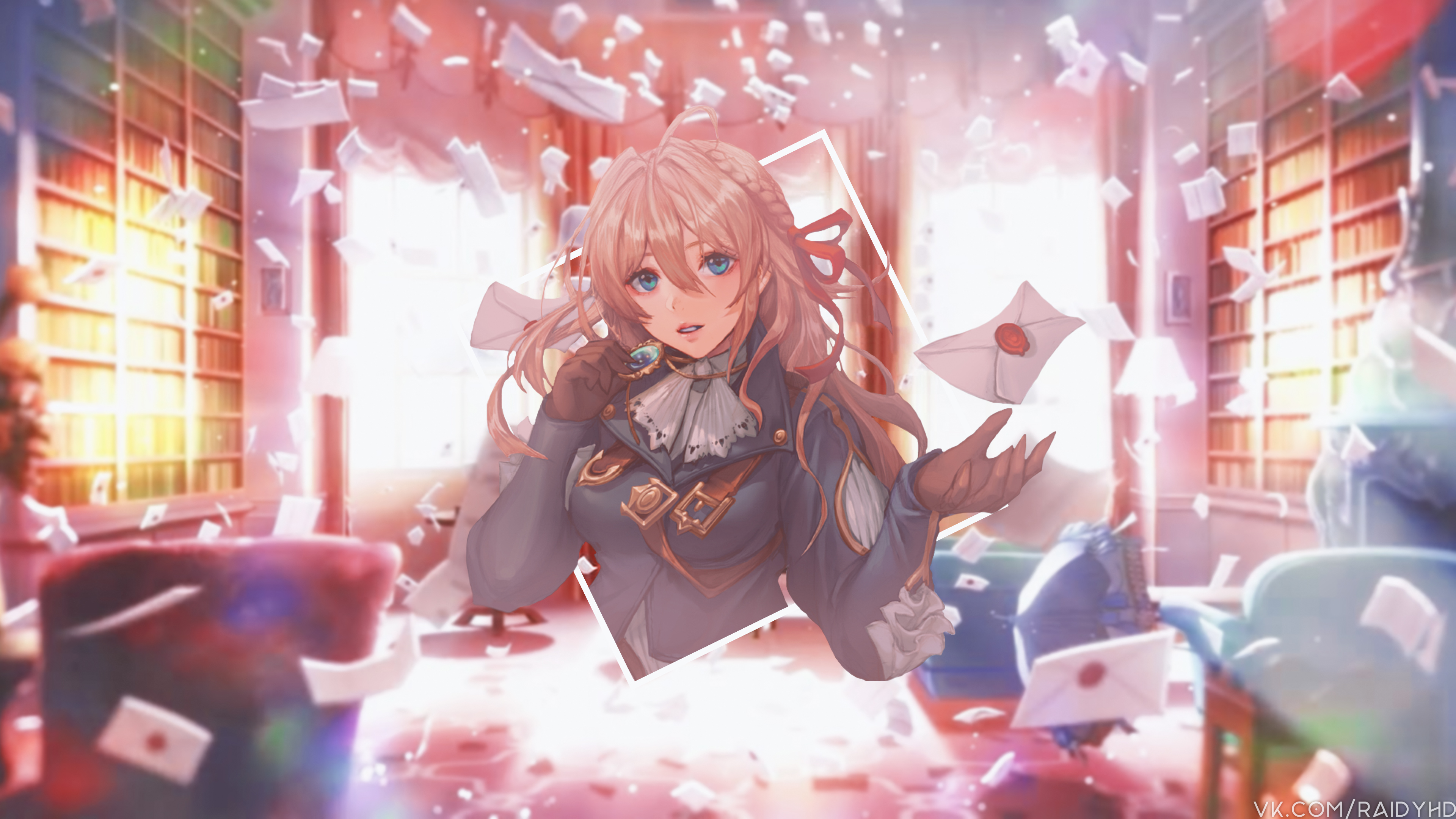 Violet Evergarden in a library with falling letters HD Wallpaper