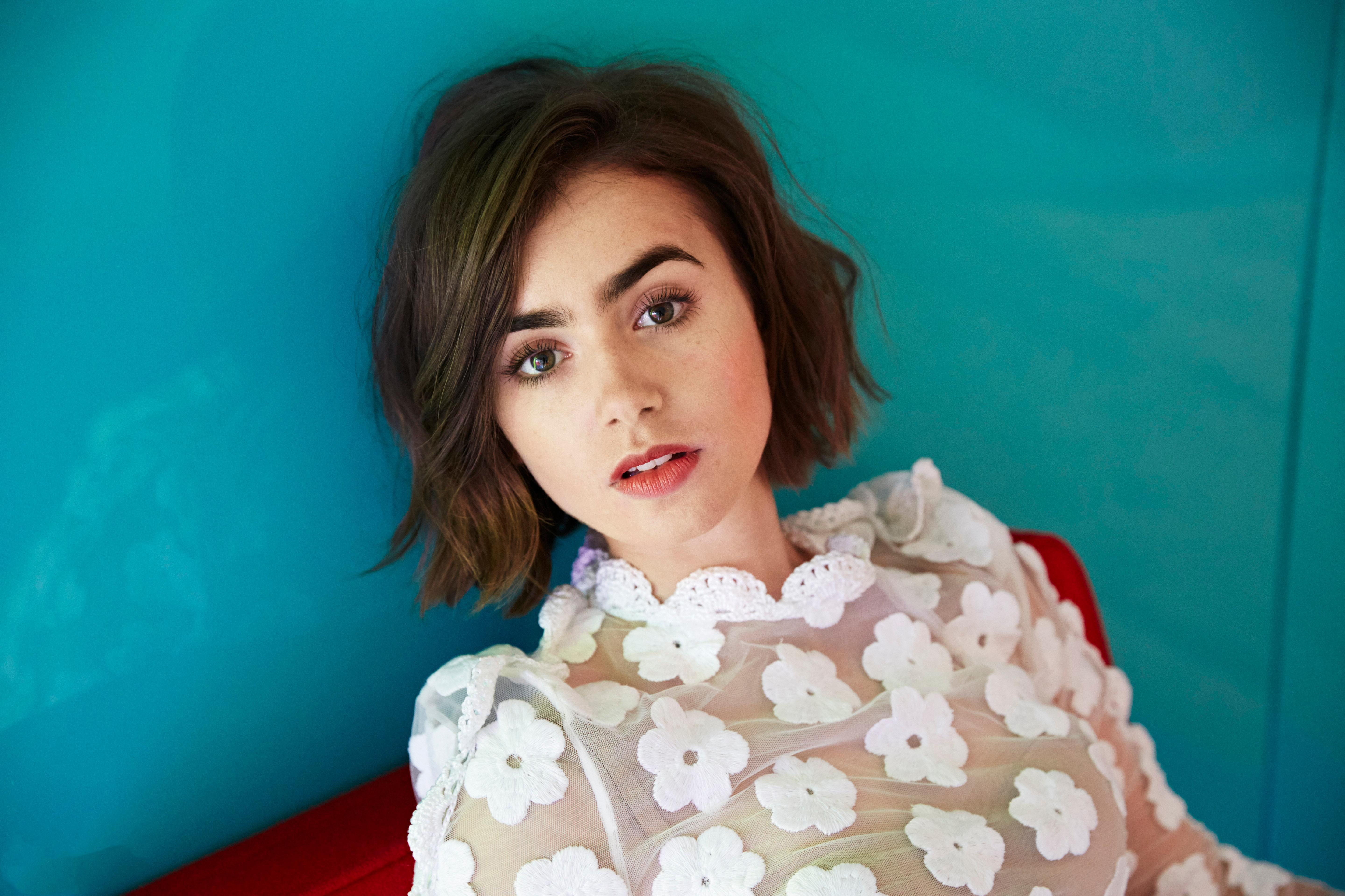 Lily Collins in a white floral top HD Wallpaper