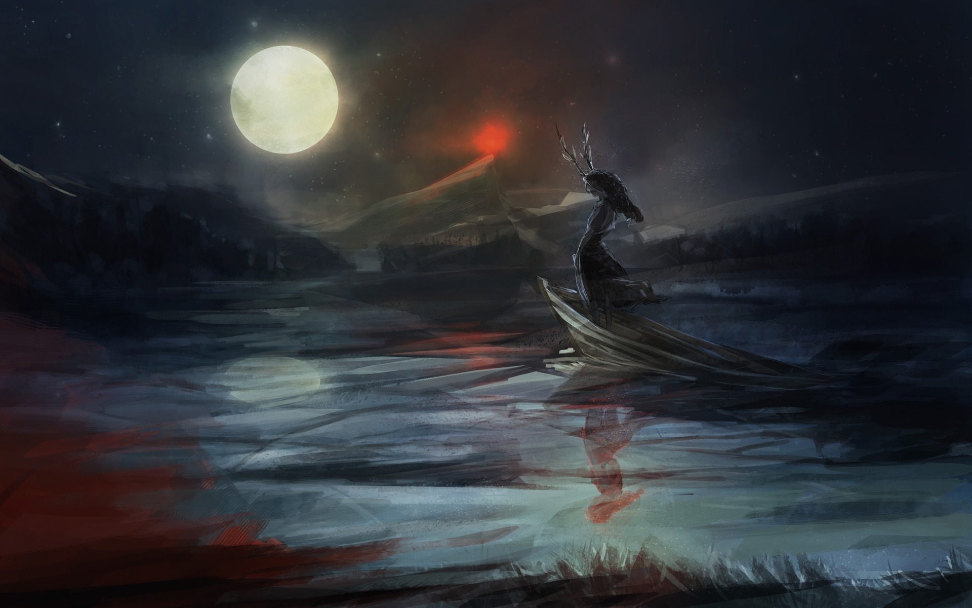Seer's Isle at night with a figure in a boat HD Wallpaper