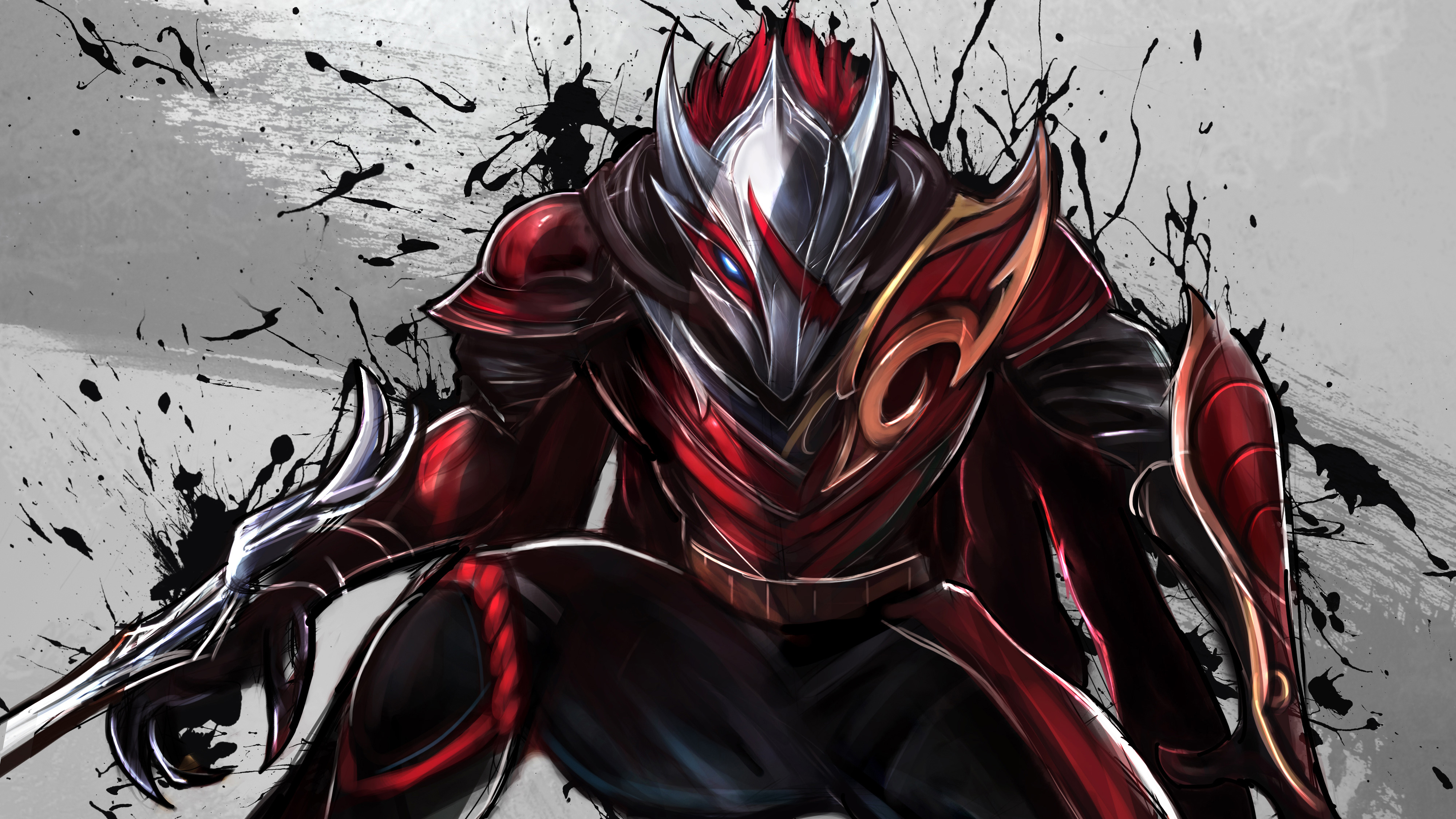 Artwork of a red and silver armored character HD Wallpaper