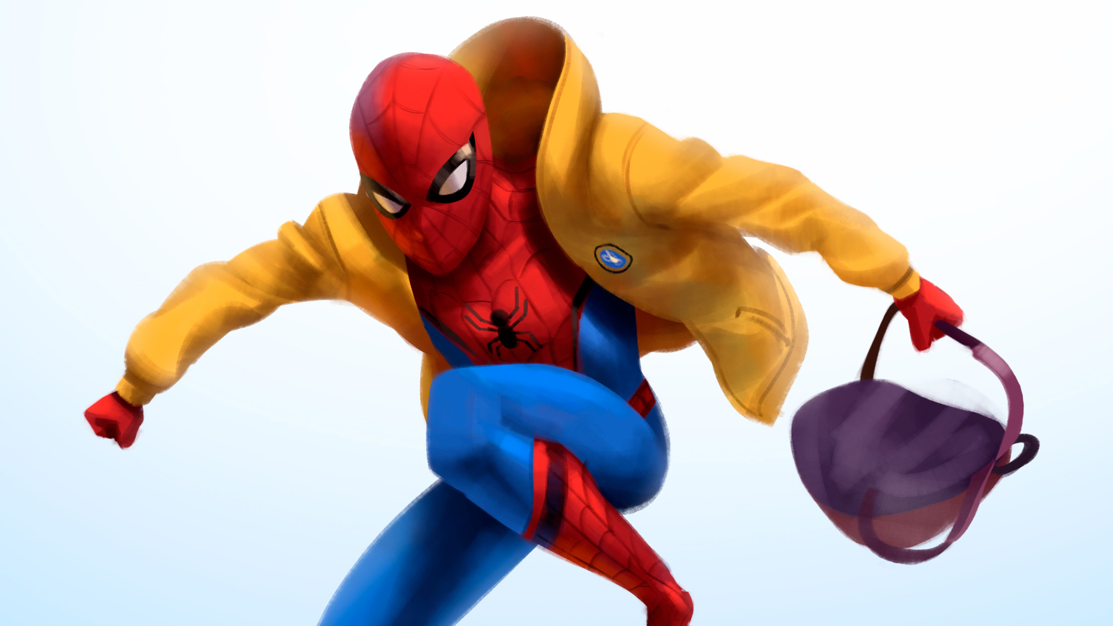 Spider-Man in a yellow hoodie holding a bucket HD Wallpaper
