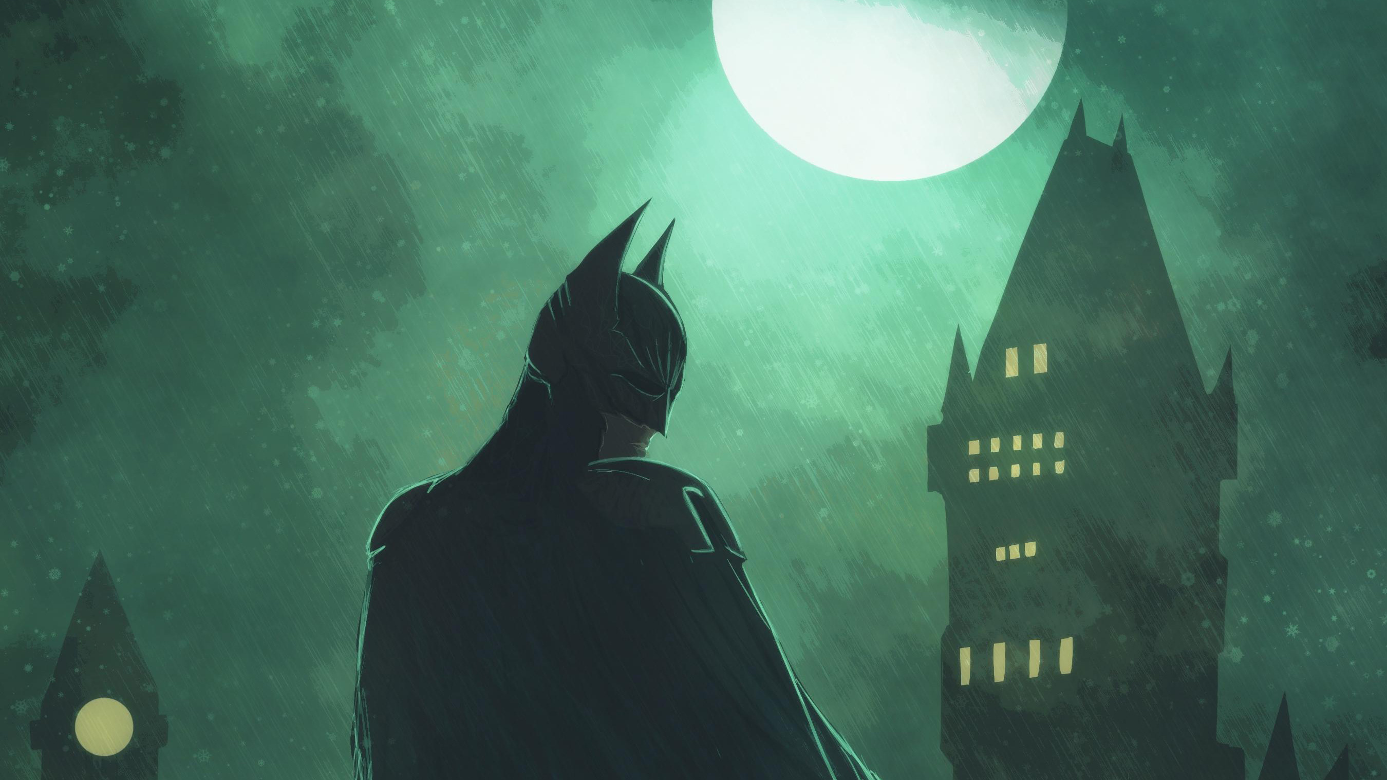 Batman standing in front of a full moon and buildings HD Wallpaper