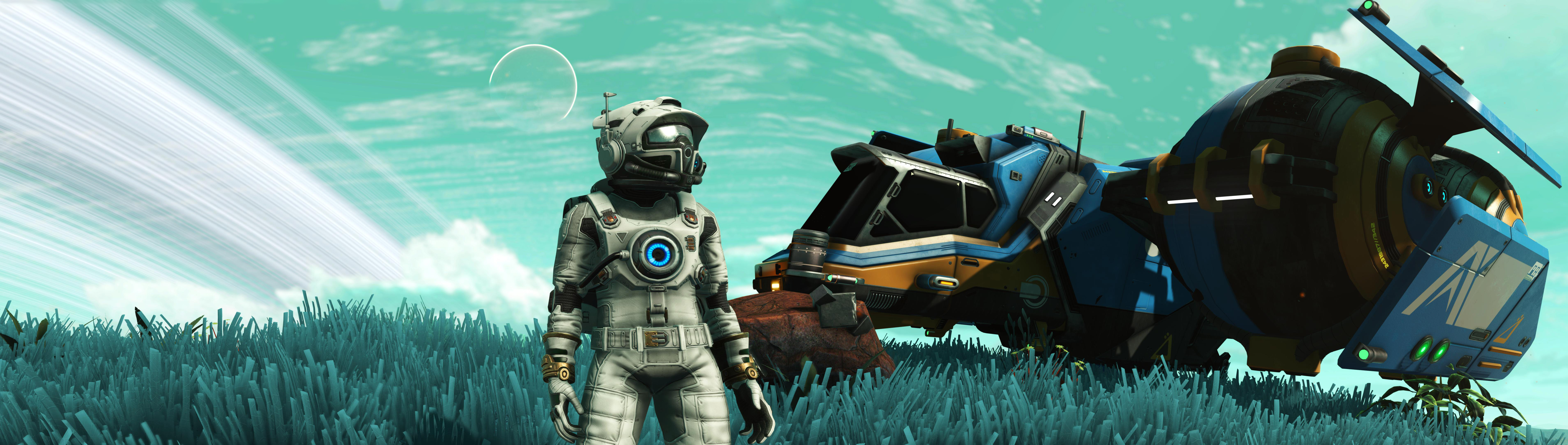 No Man's Sky astronaut and spaceship on alien planet HD Wallpaper