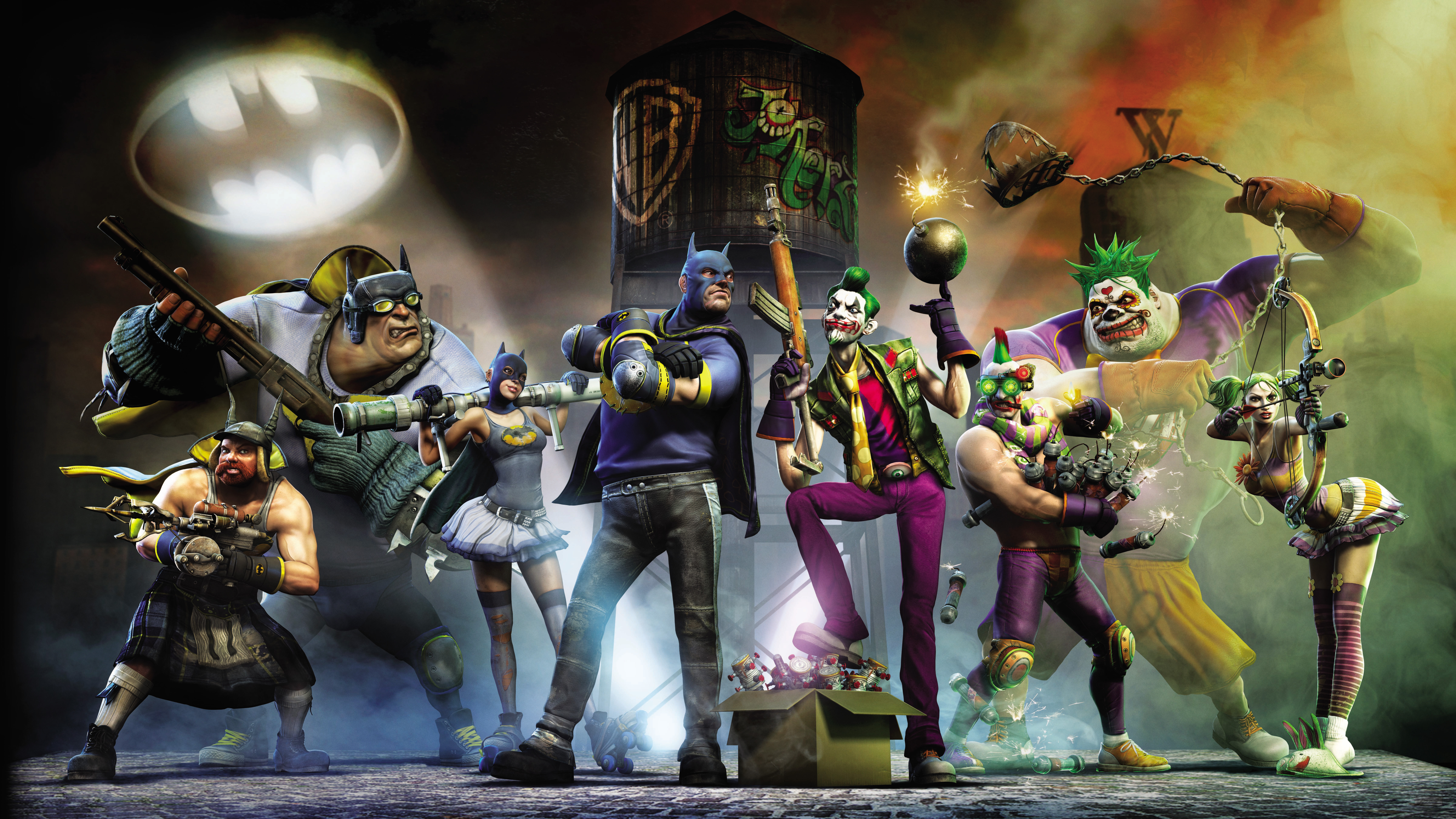 Gotham City Impostors characters with weapons HD Wallpaper