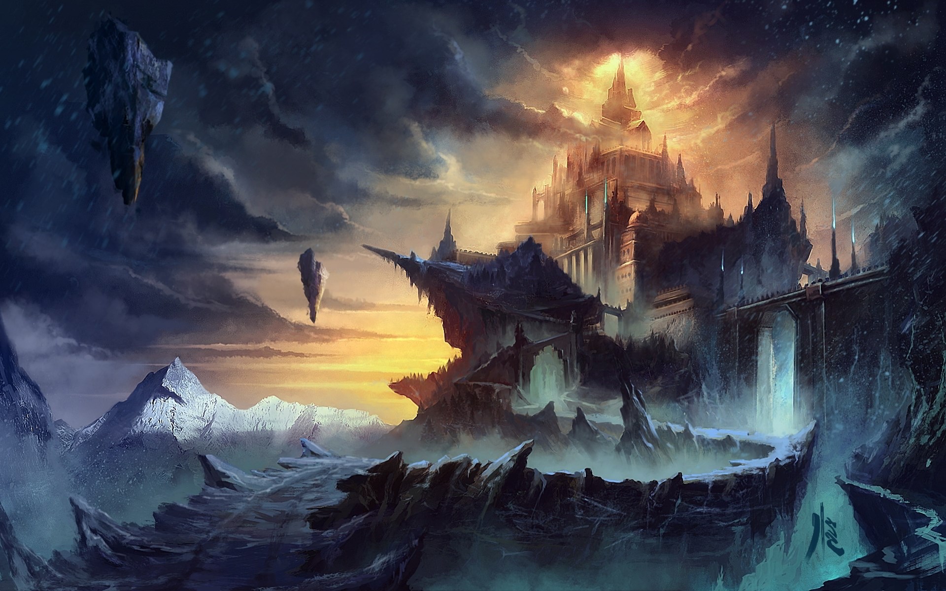 Fantasy castle on a cliff with floating islands HD Wallpaper