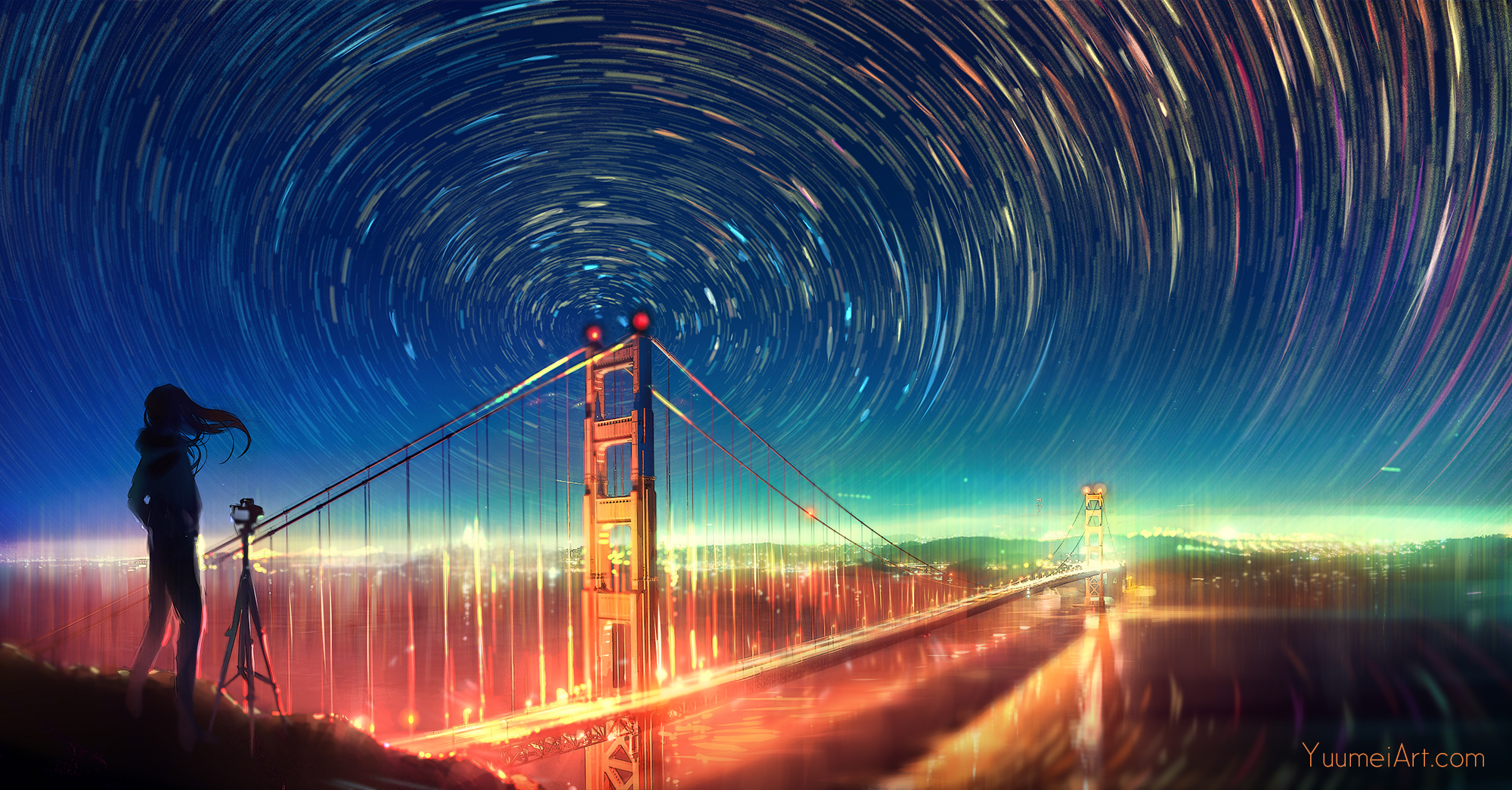 San Francisco Golden Gate Bridge at night with star trails HD Wallpaper