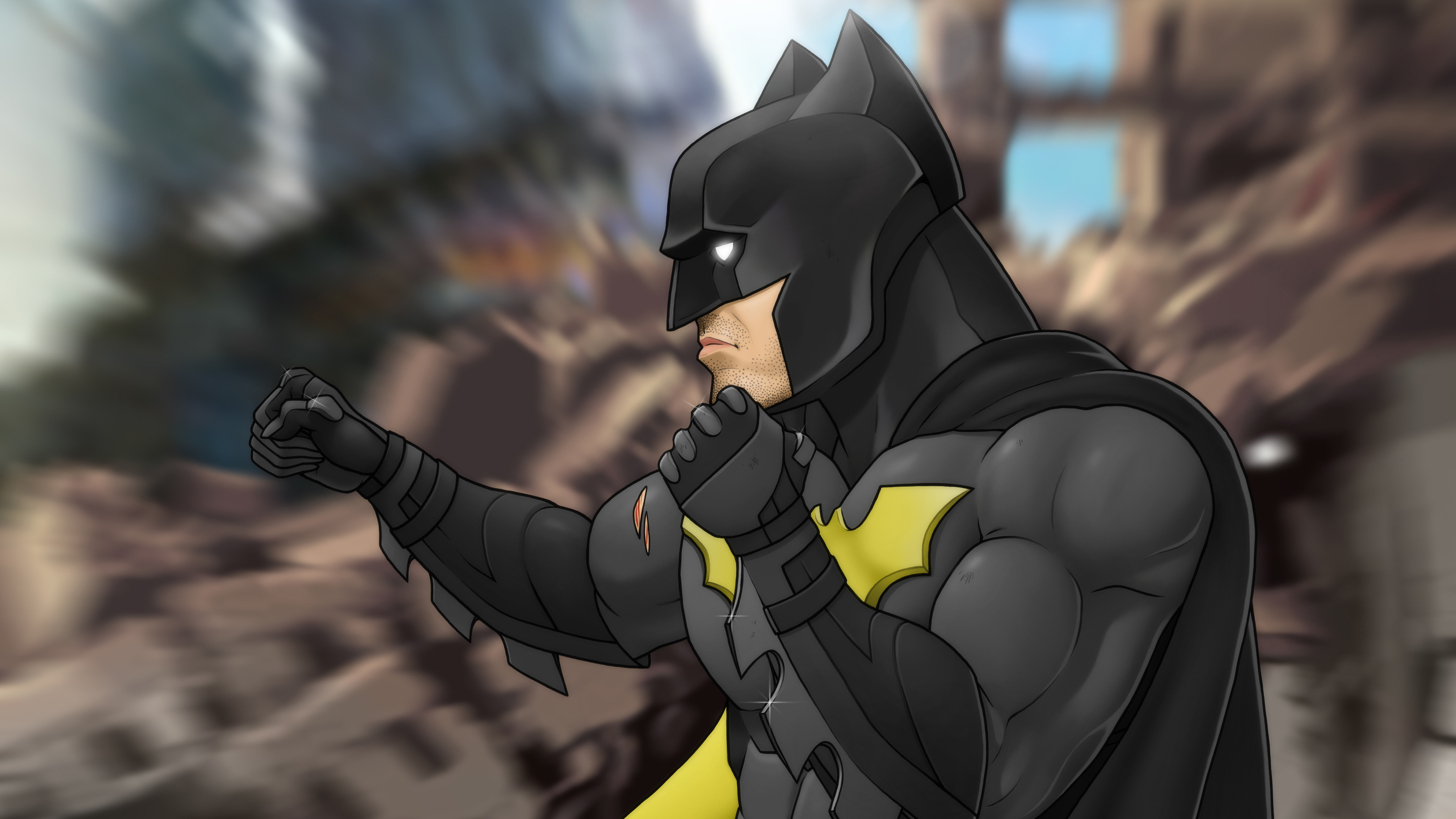 Batman in a fighting stance with a damaged background HD Wallpaper