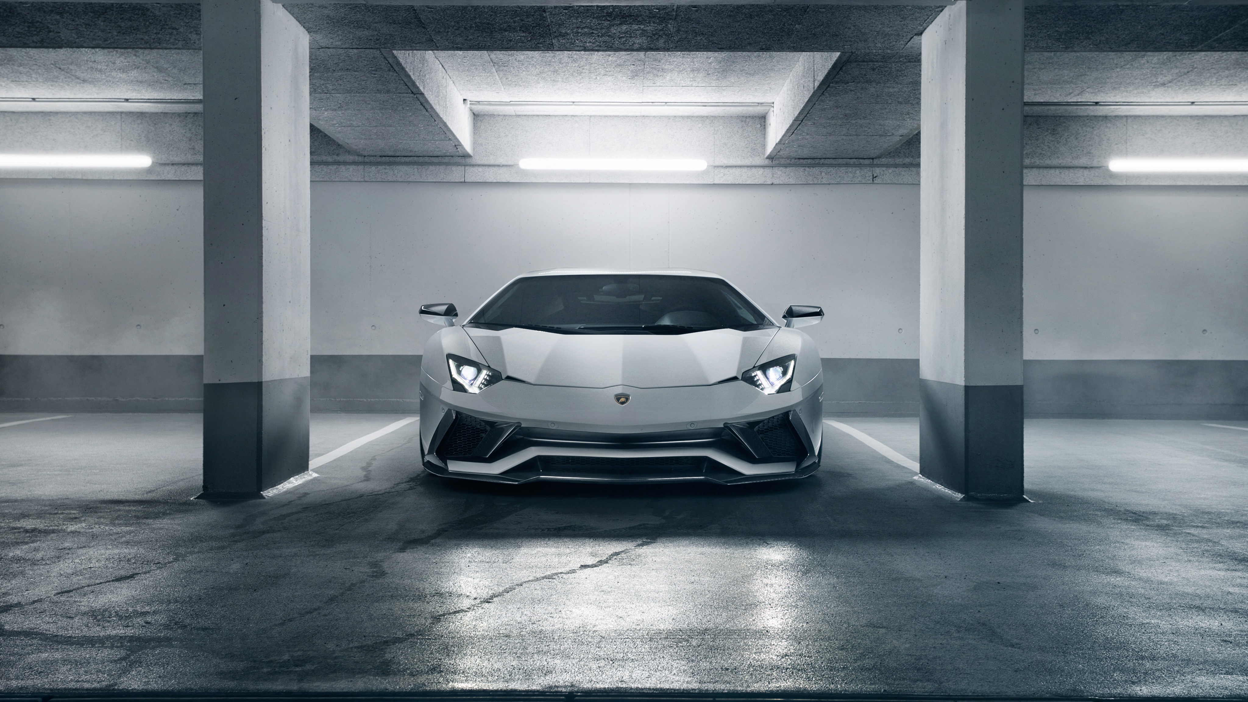 White Lamborghini Aventador in a parking garage HD Wallpaper