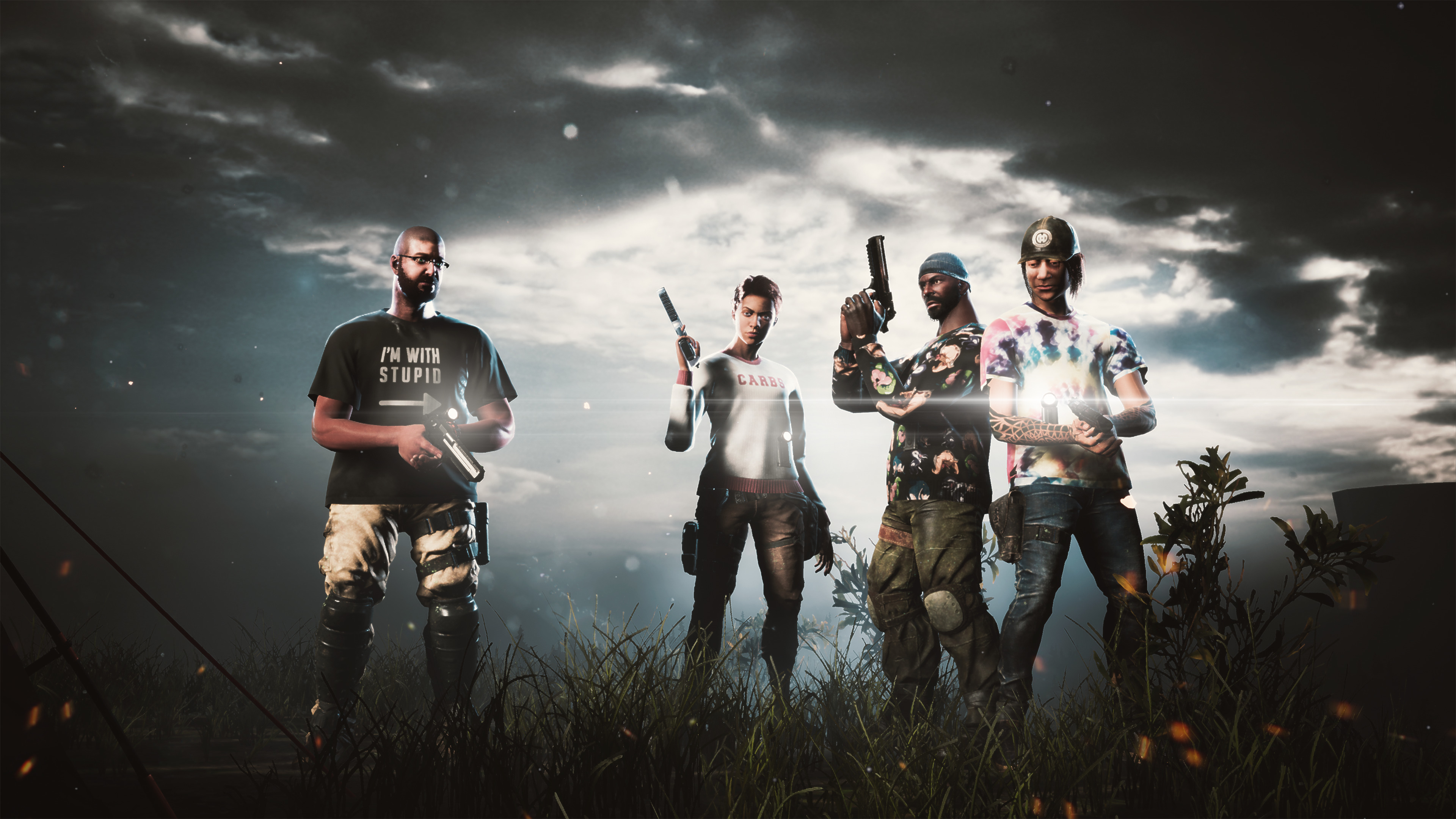 Four armed characters stand in a field under a cloudy sky HD Wallpaper