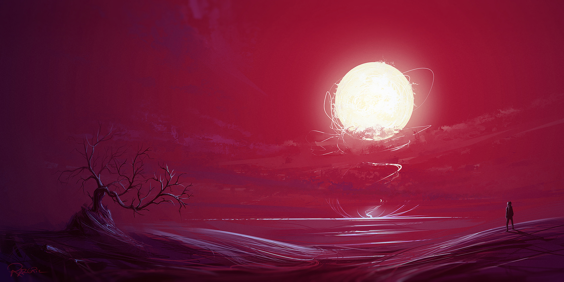 Digital art of a surreal landscape with a large sun HD Wallpaper