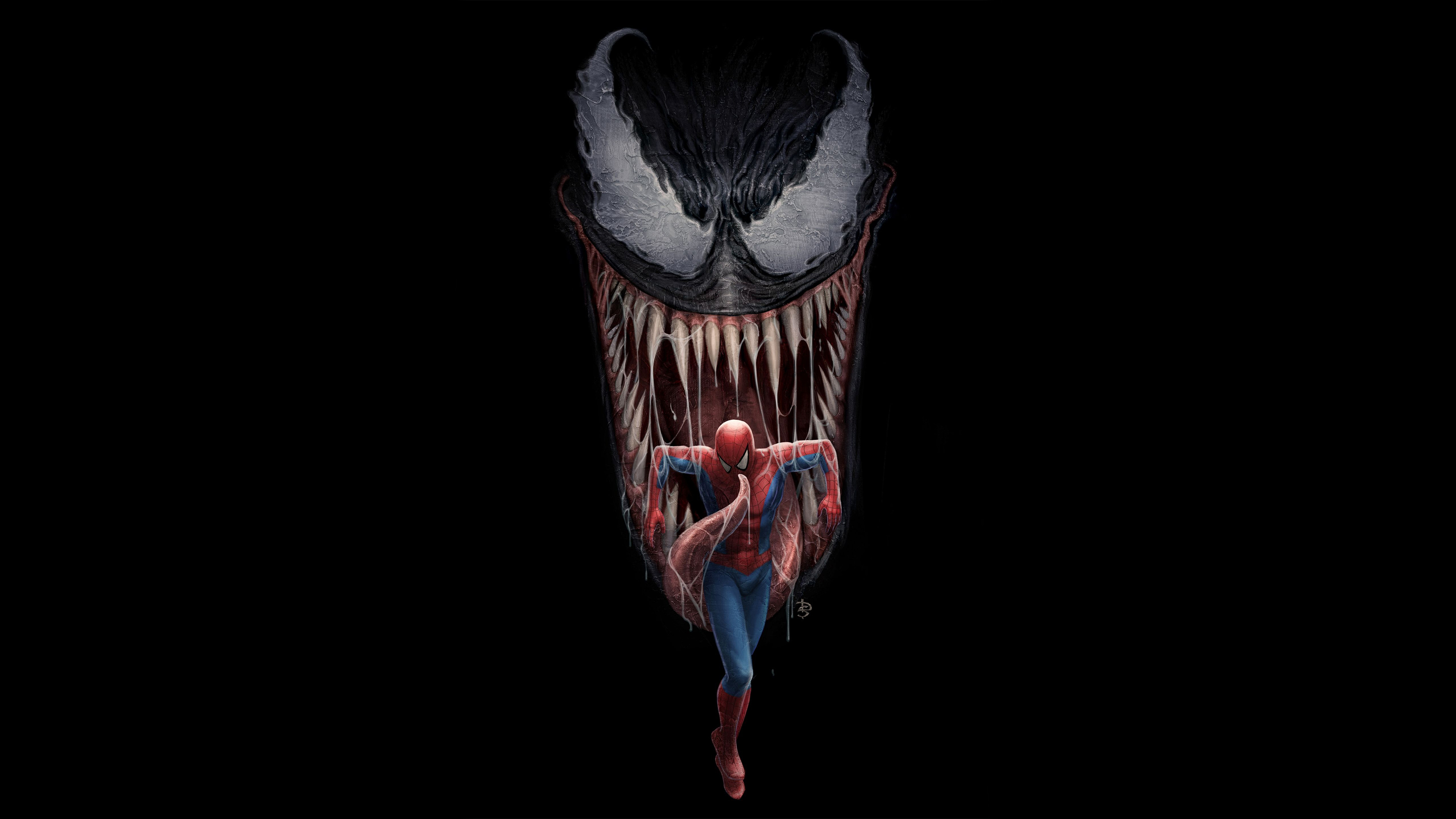 Spider-Man running from Venom's mouth artwork HD Wallpaper