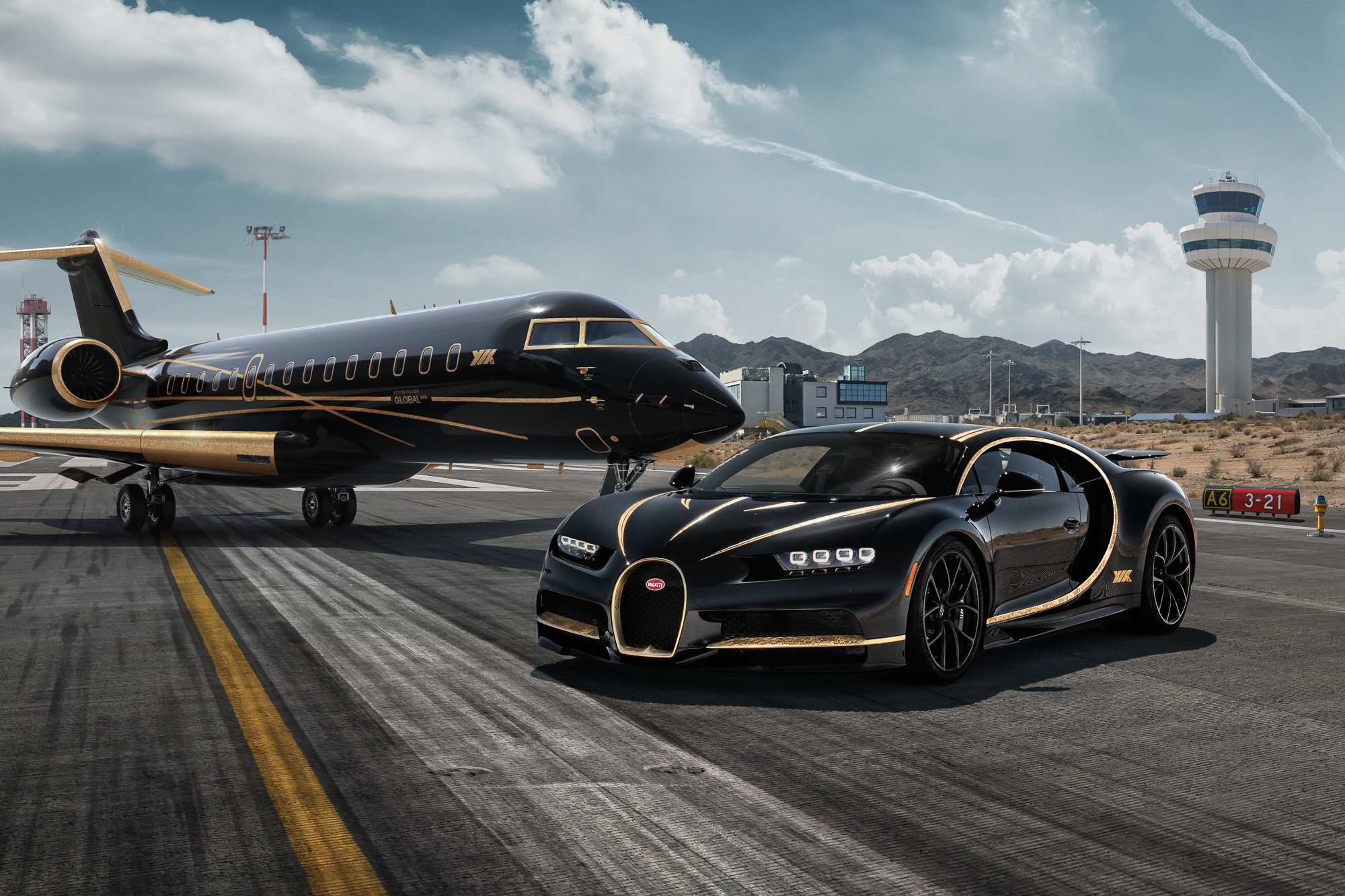 Bugatti Chiron and Private Jet on Tarmac HD Wallpaper