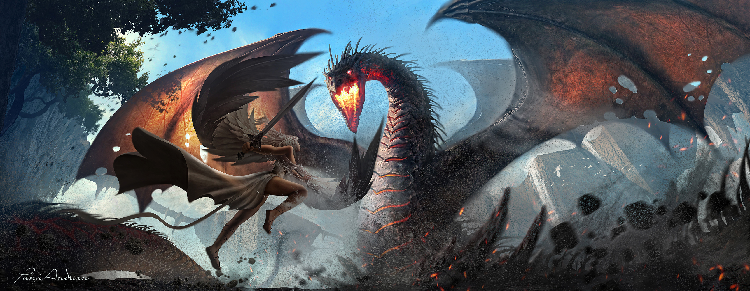 Girl fights a dragon in a digital artwork HD Wallpaper