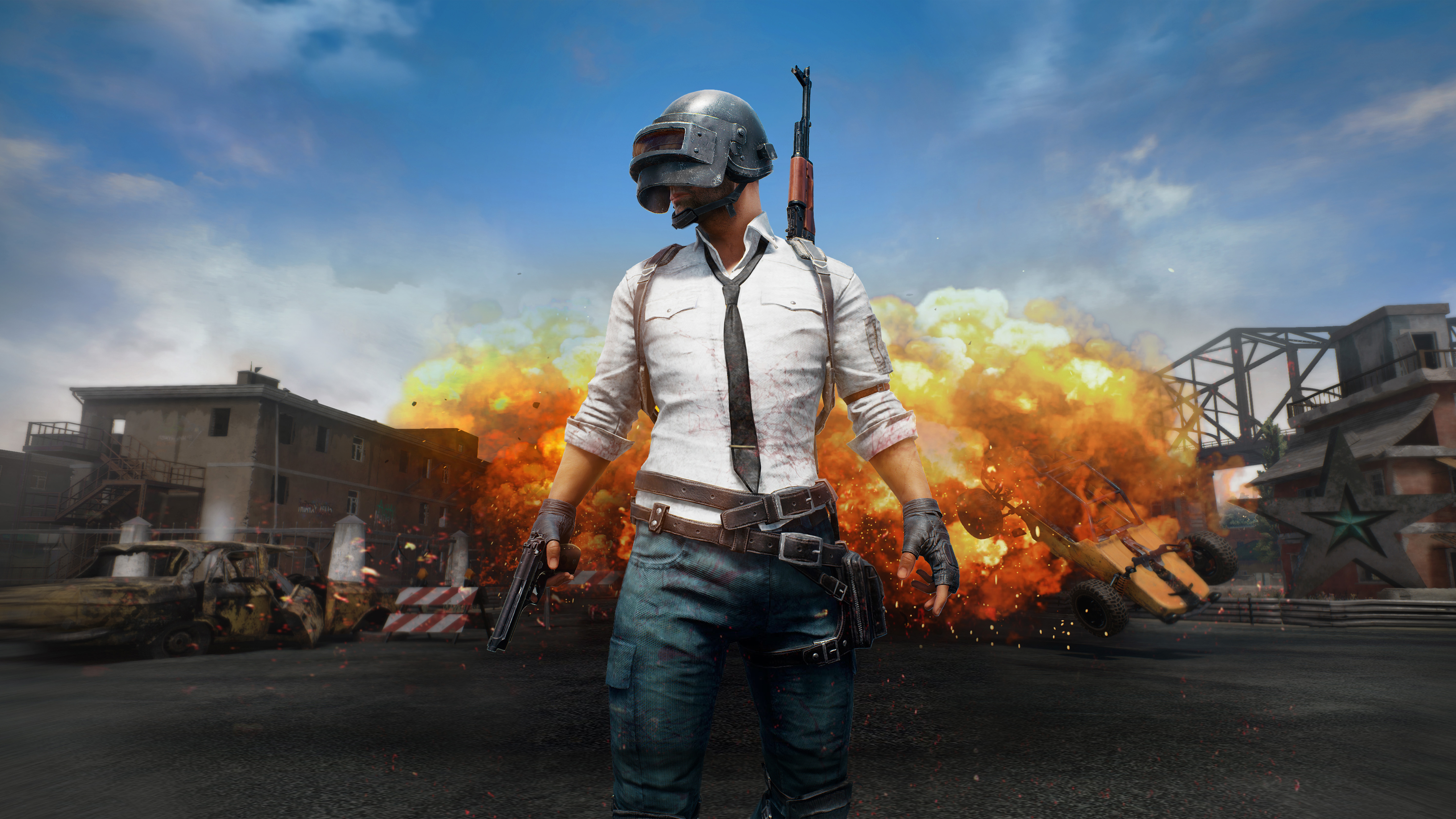 PlayerUnknown's Battlegrounds character with explosion in background HD Wallpaper