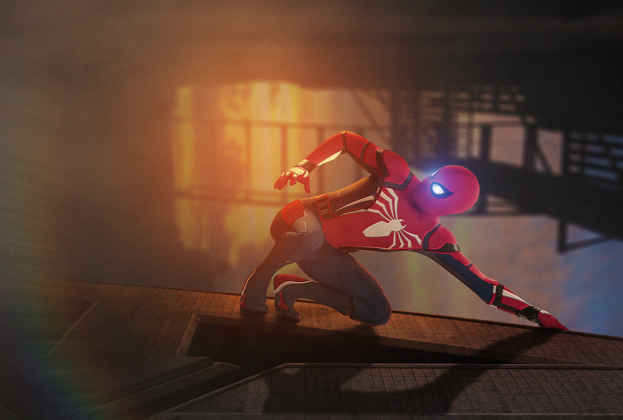 Spider-Man in a red and white suit crouches on a rooftop HD Wallpaper