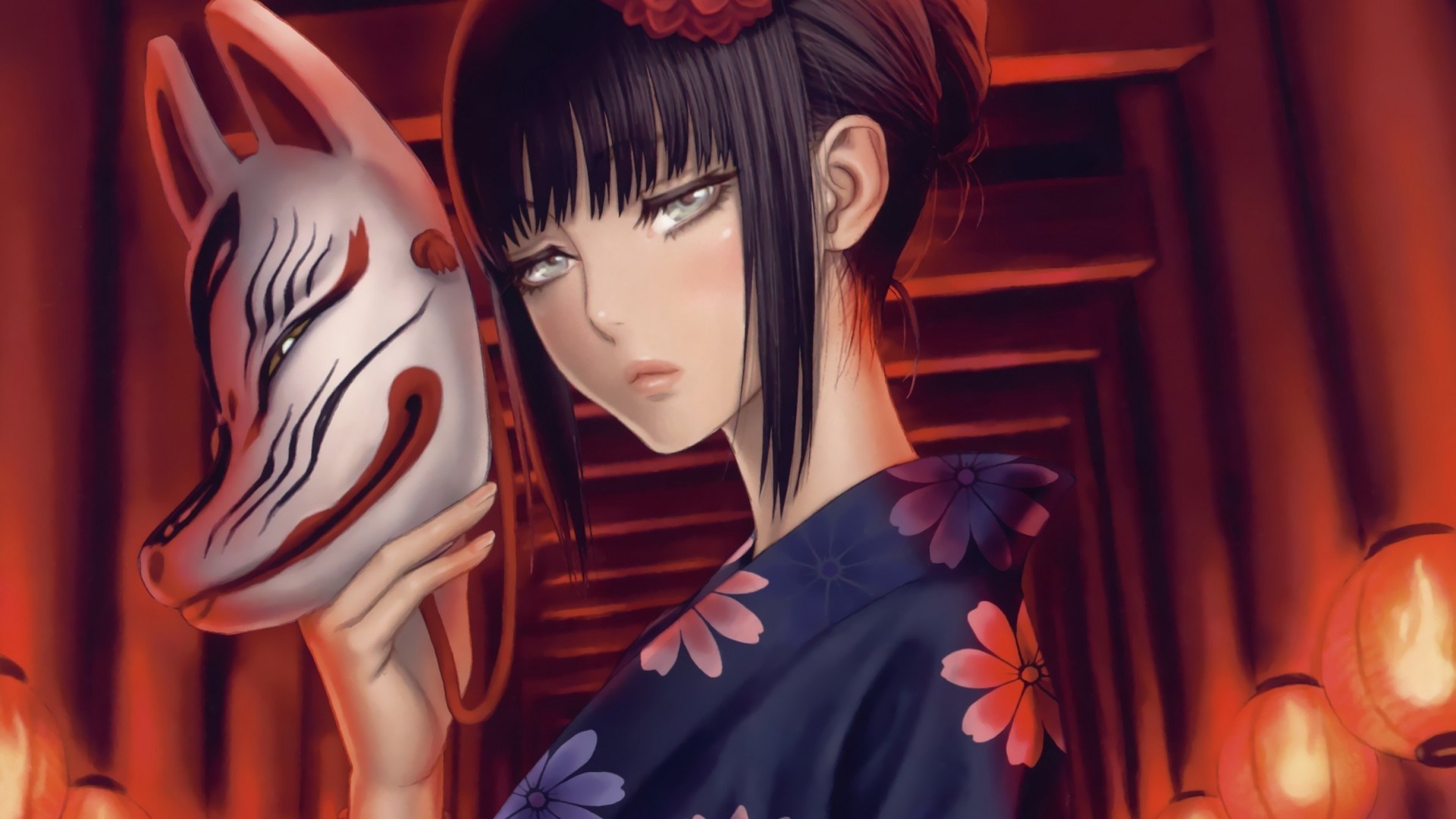 Anime girl holding a Kitsune mask HD Wallpaper