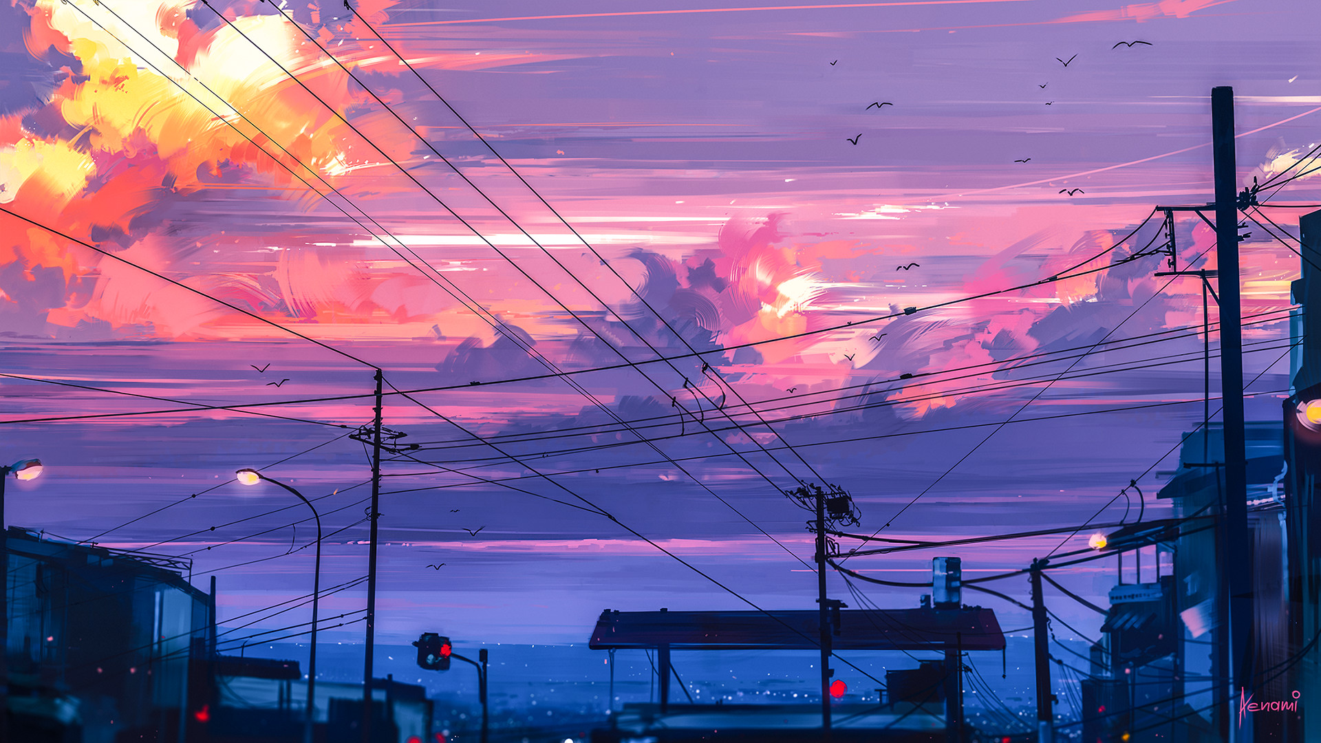 Anime cityscape at sunset with power lines HD Wallpaper