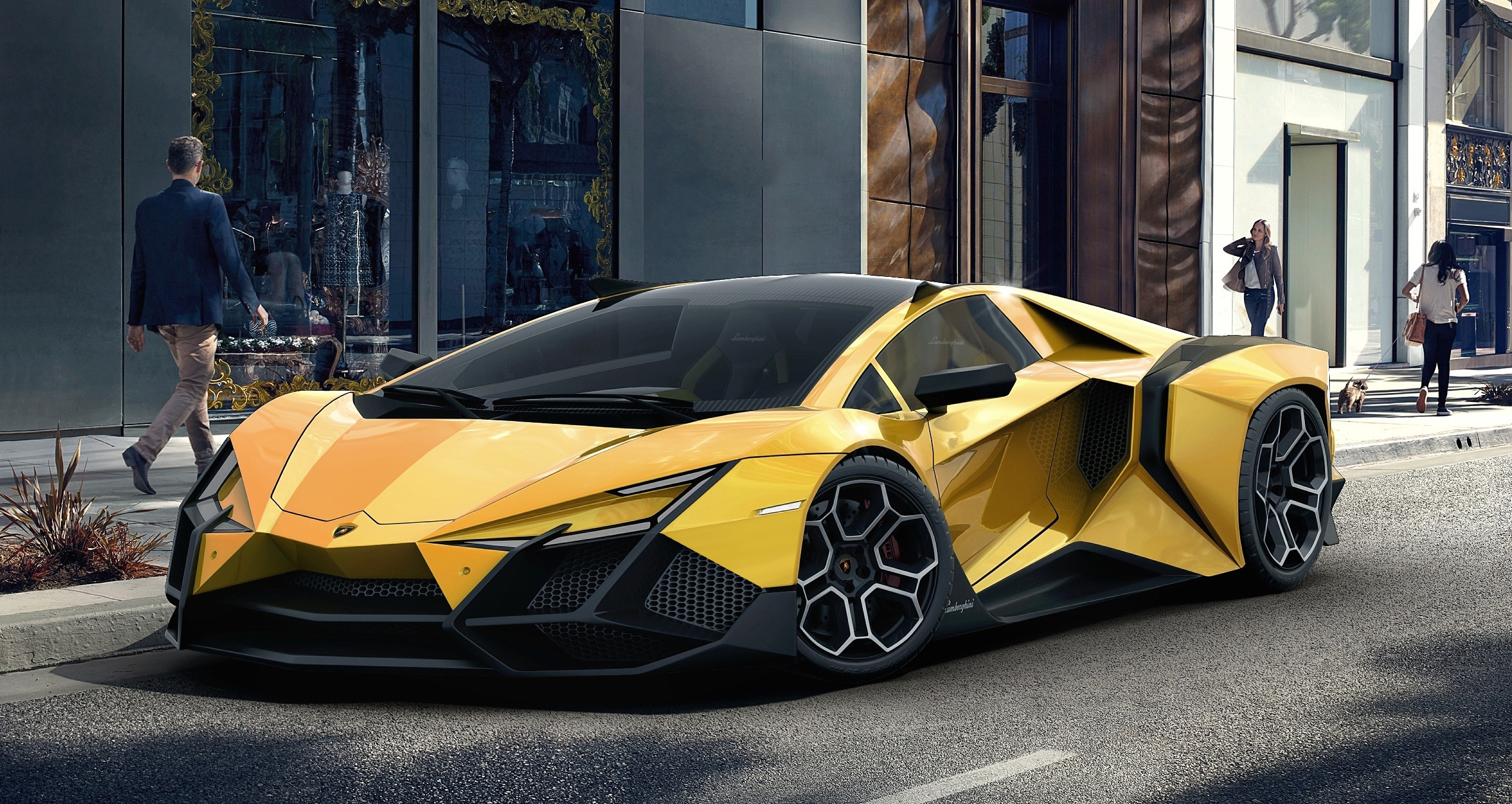 Yellow Lamborghini Forsennato parked on a city street HD Wallpaper